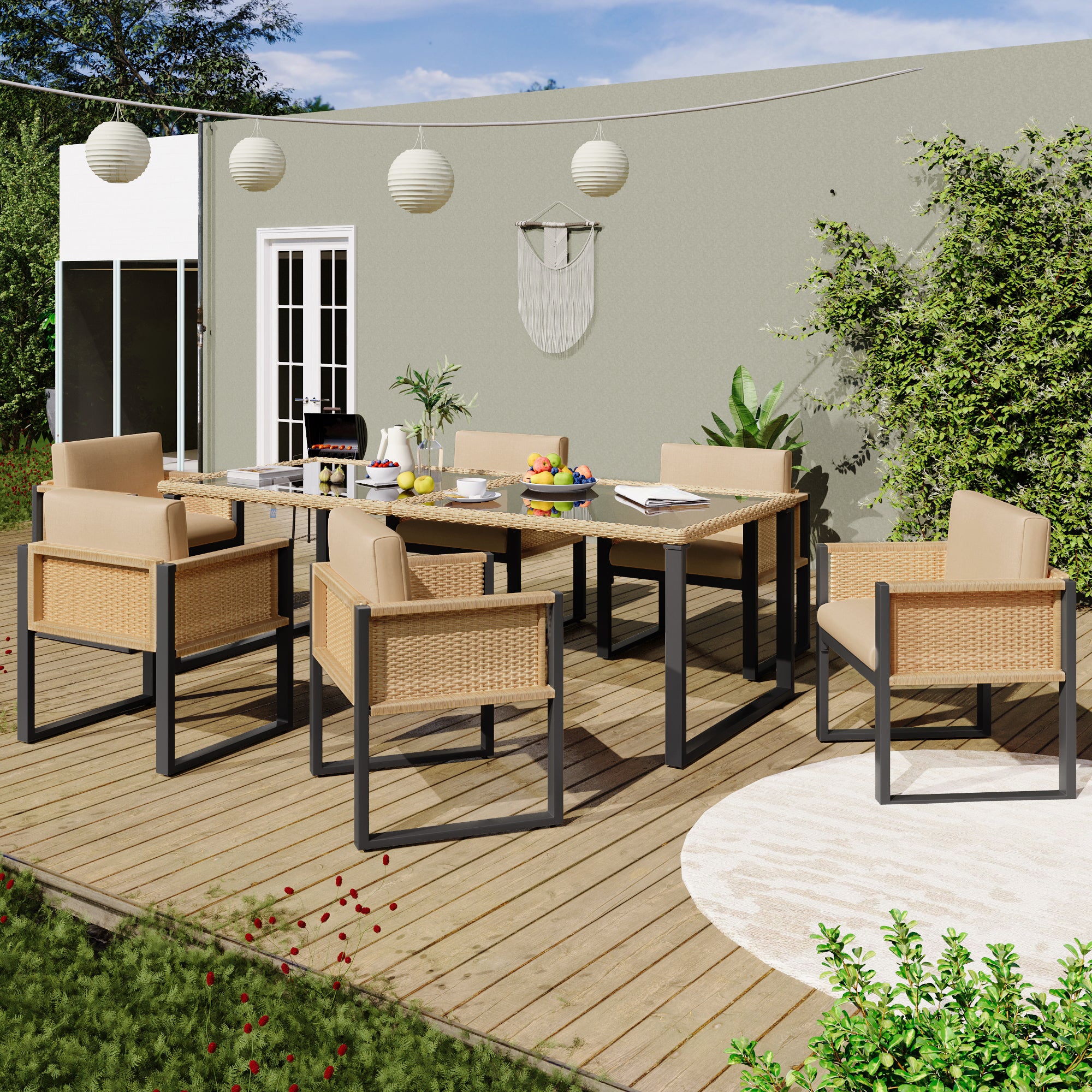 Polyrattan Dining Set 6-Person Armchairs Removable Covers
