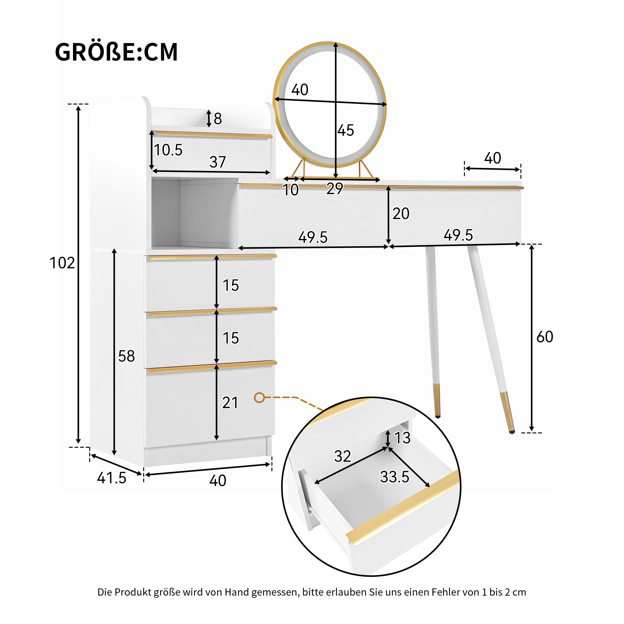 Dressing table with extendable tabletop, 6 drawers, gold handles, LED mirror, dimmable light, white