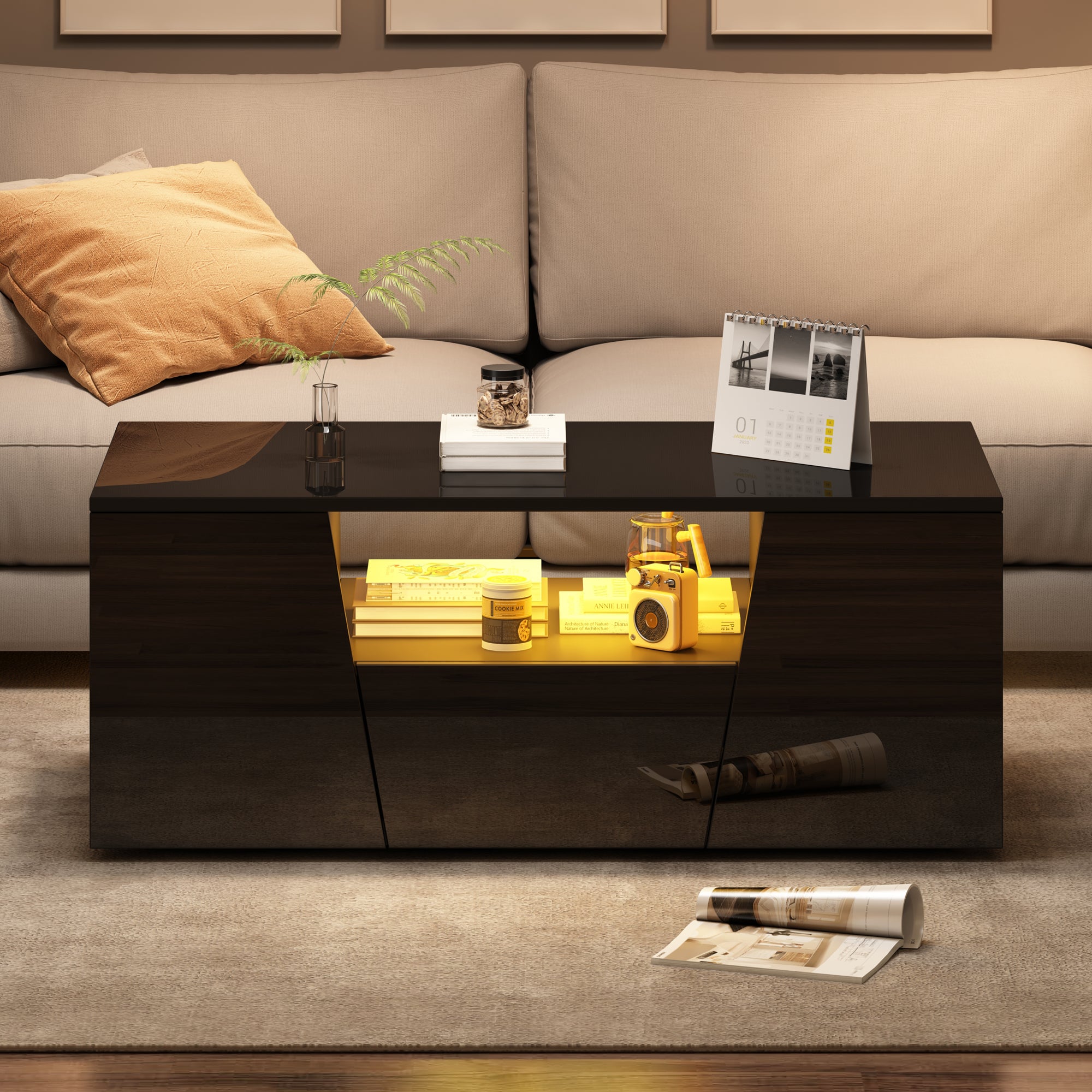 Coffee Table 100x50x40cm, LED Light, 2 Cabinets, 1 Drawer, Black