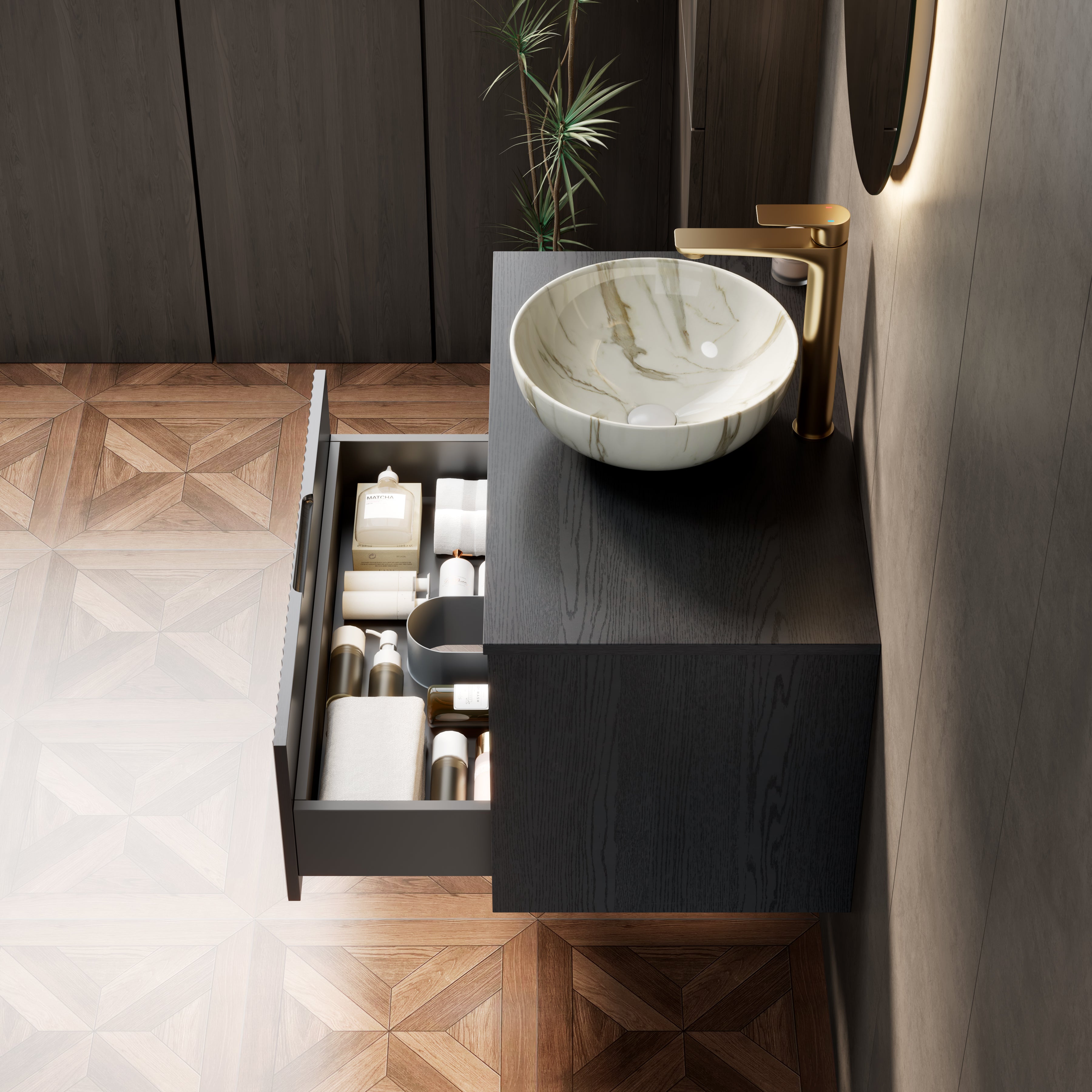 Floating Bathroom Vanity with Ceramic Basin and Sensor Light, 80cm Plywood, Black