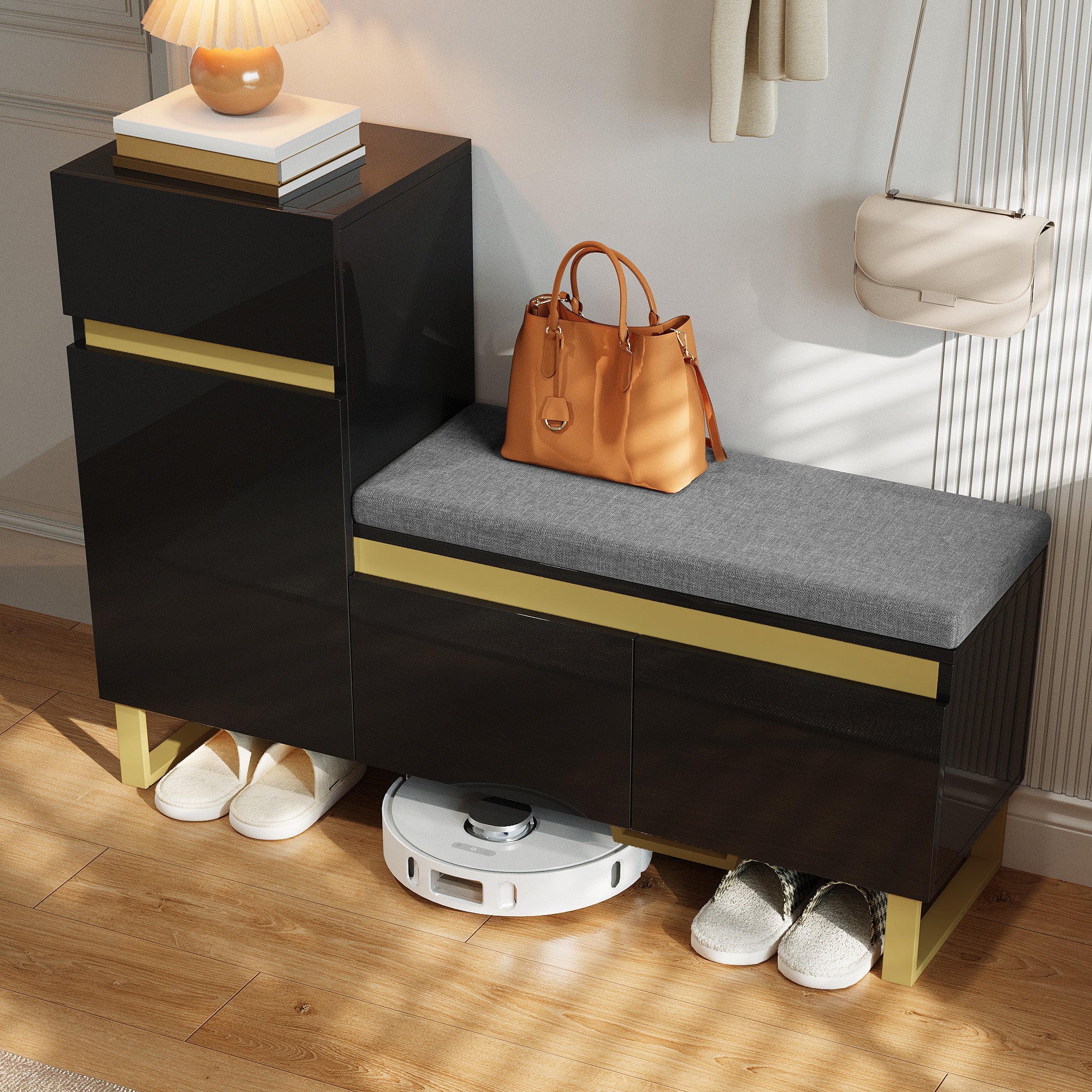 Shoe Cabinet, Large Capacity Multi-Tier Storage with Drawers and Doors, Black MDF