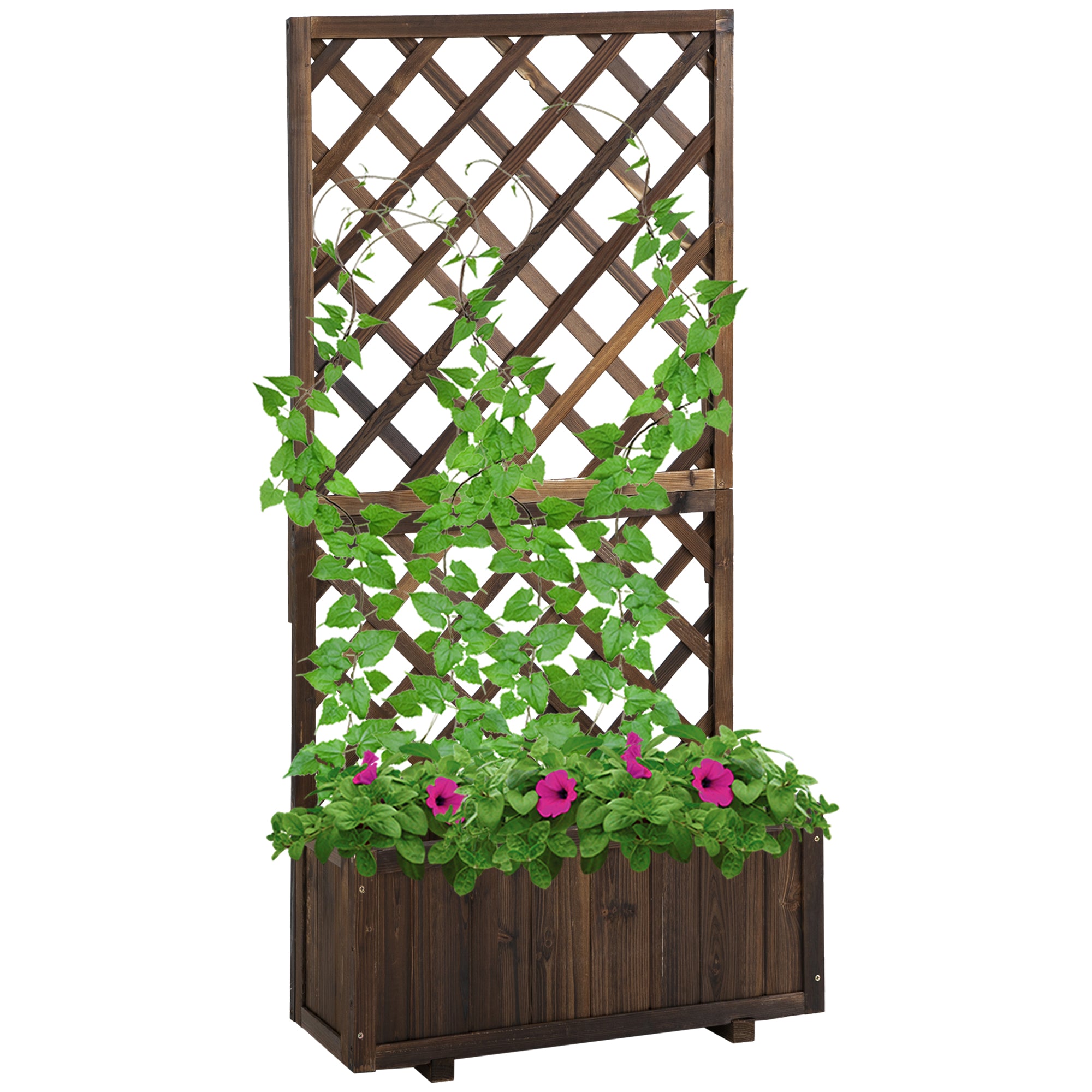 Garden Wooden Pine Trough Planter Raised Bed with Topped Trellis, 45L, for Climbing Plants, Carbonised Finish