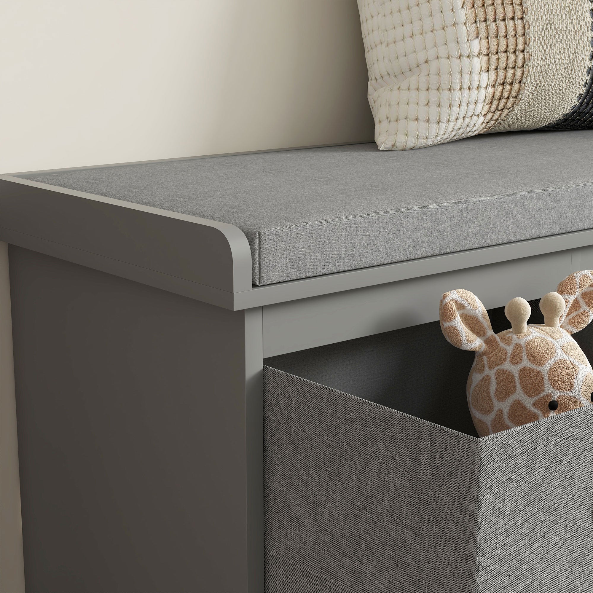 Shoe Storage Bench Three-Drawer Padded Top Grey