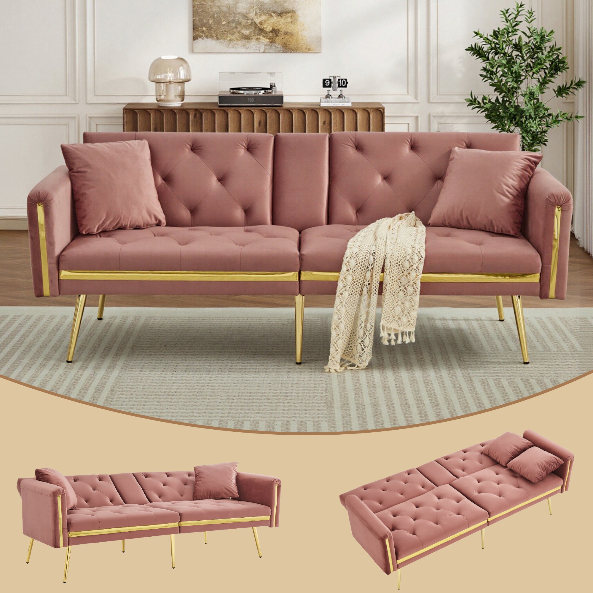 Two-seater Sofa Bed, Adjustable Backrest Gold Accents Built-in Cup Holders, Velvet