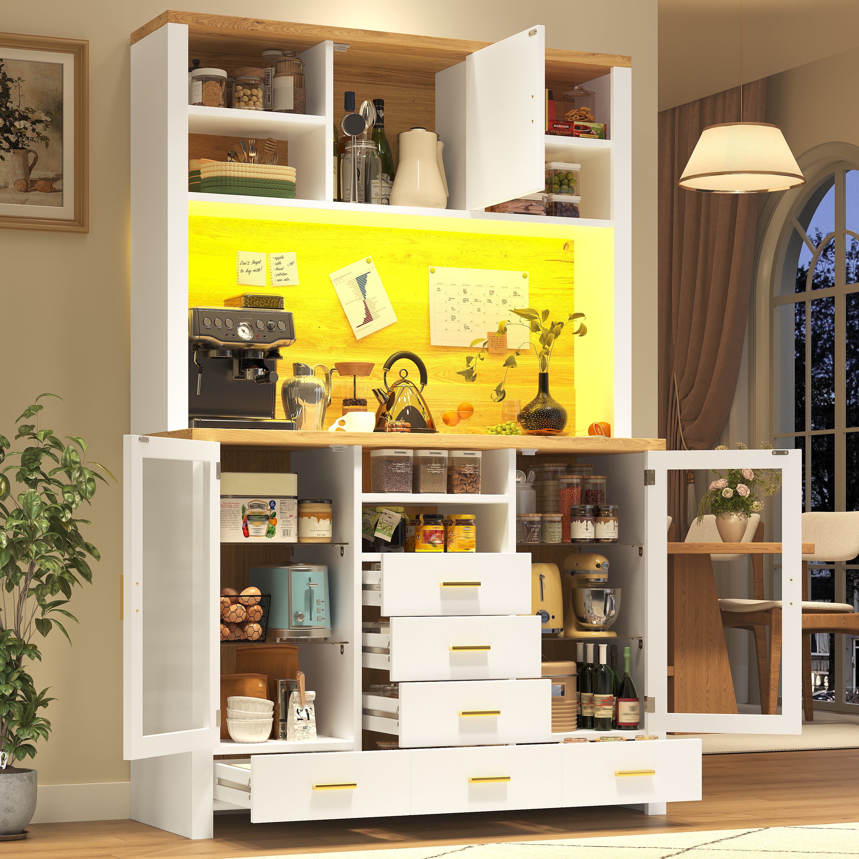 Buffet Sideboard Cabinet with LED Light Strip and Storage Drawers, 120x40x188cm, White and Wood Look