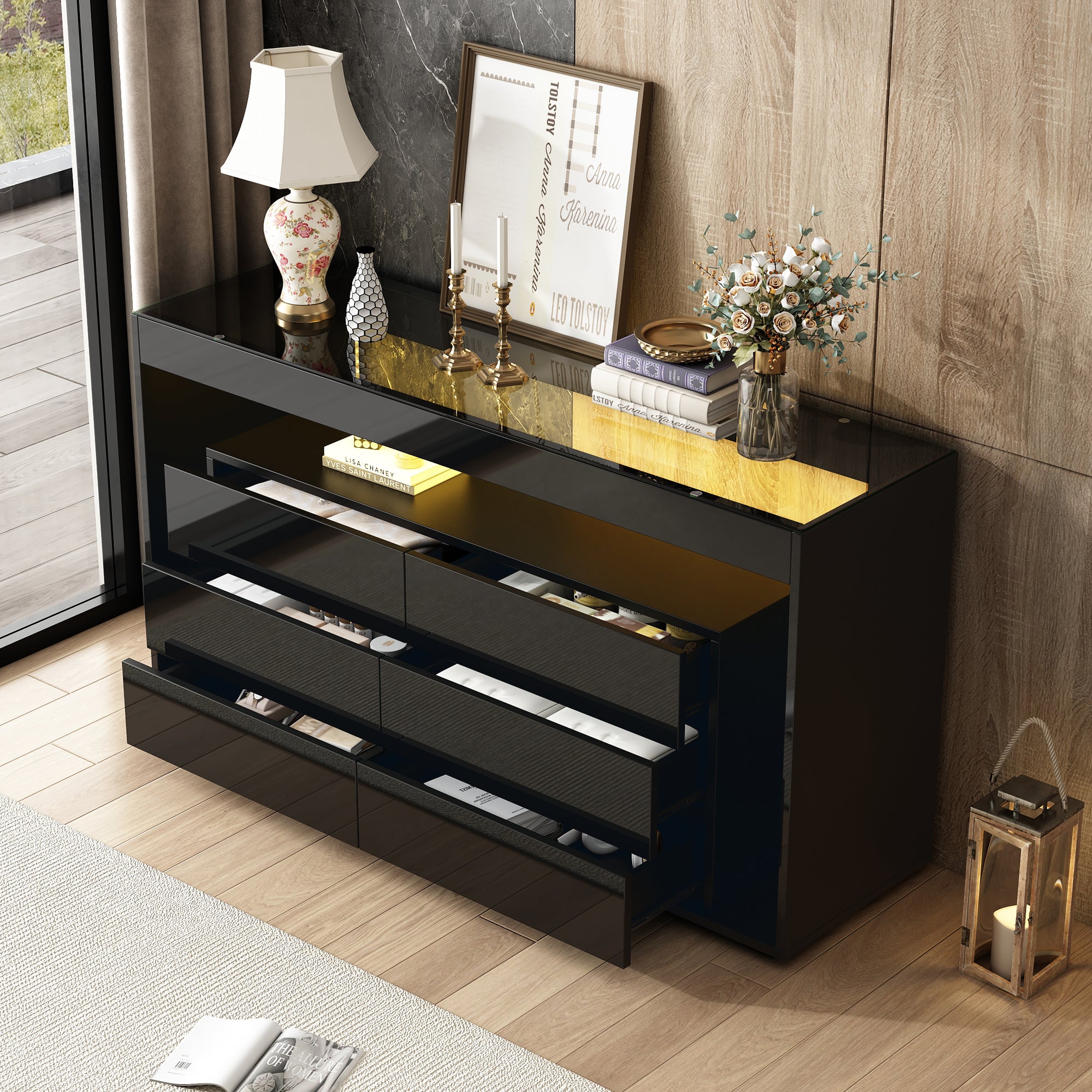 Sideboard, 6-Drawer LED High-Gloss with Tempered Glass Top, Black
