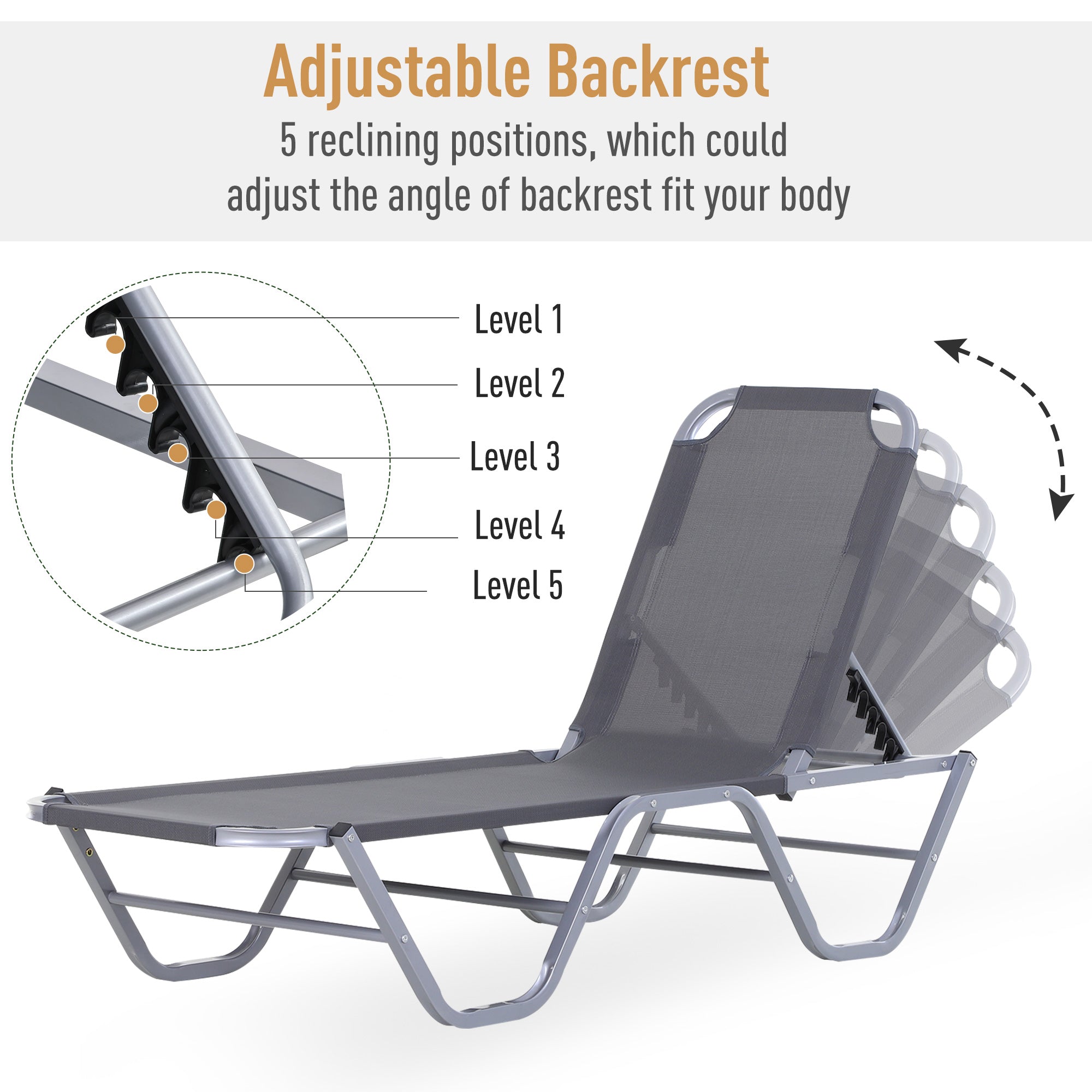 Sun Lounger Recliner w/ 5-Position Adjustable Backrest, Aluminum LIGHT GREY
