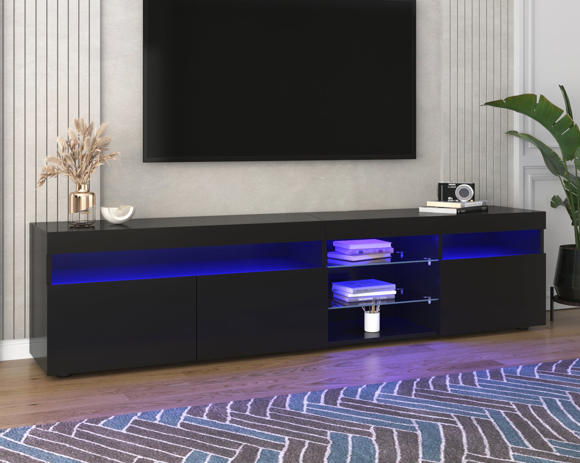 TV Cabinet, Modern with Bright Panel & LED Lighting, 180cm Black
