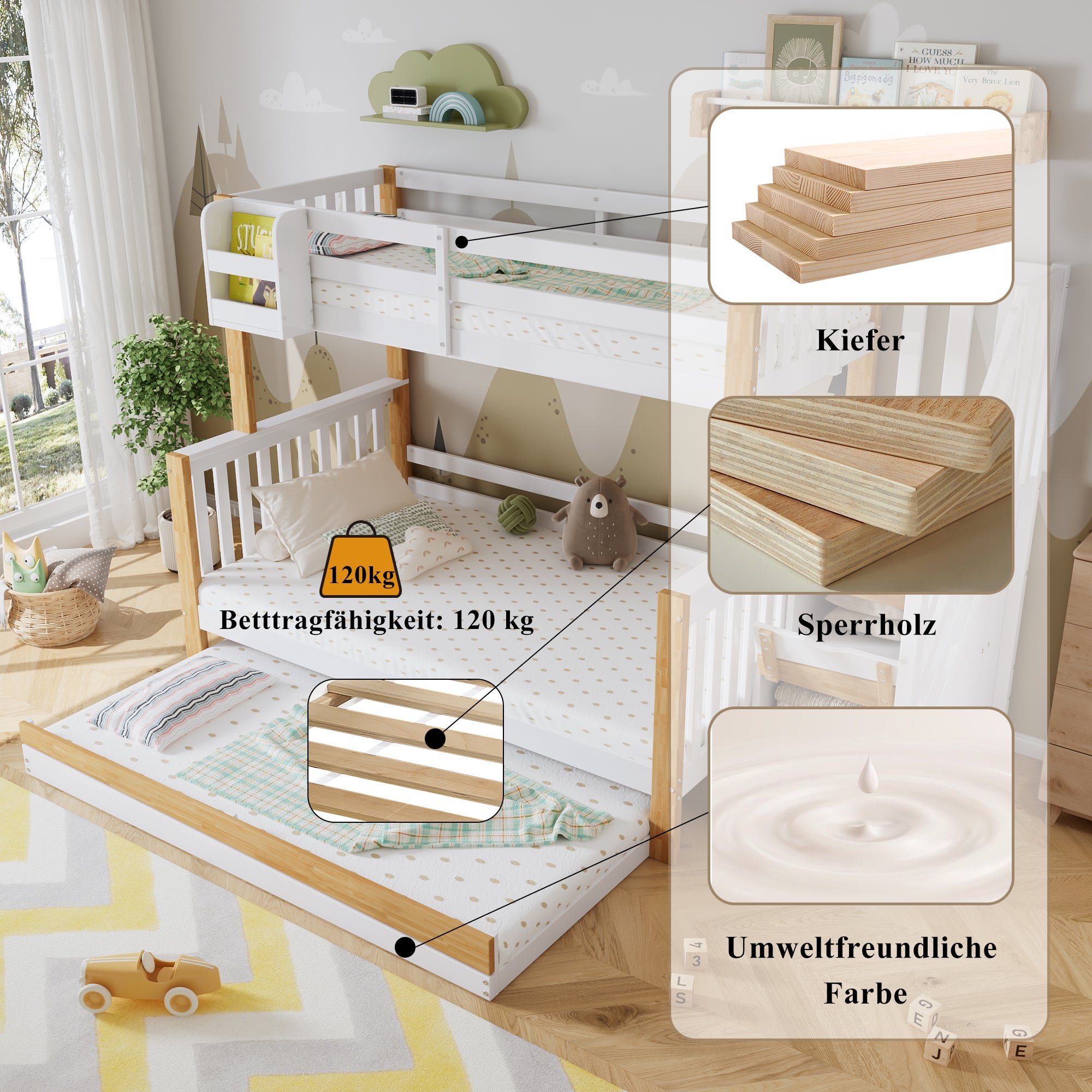 Bunk Bed, Trundle & Corner Stairs, Pine + MDF, White + Natural