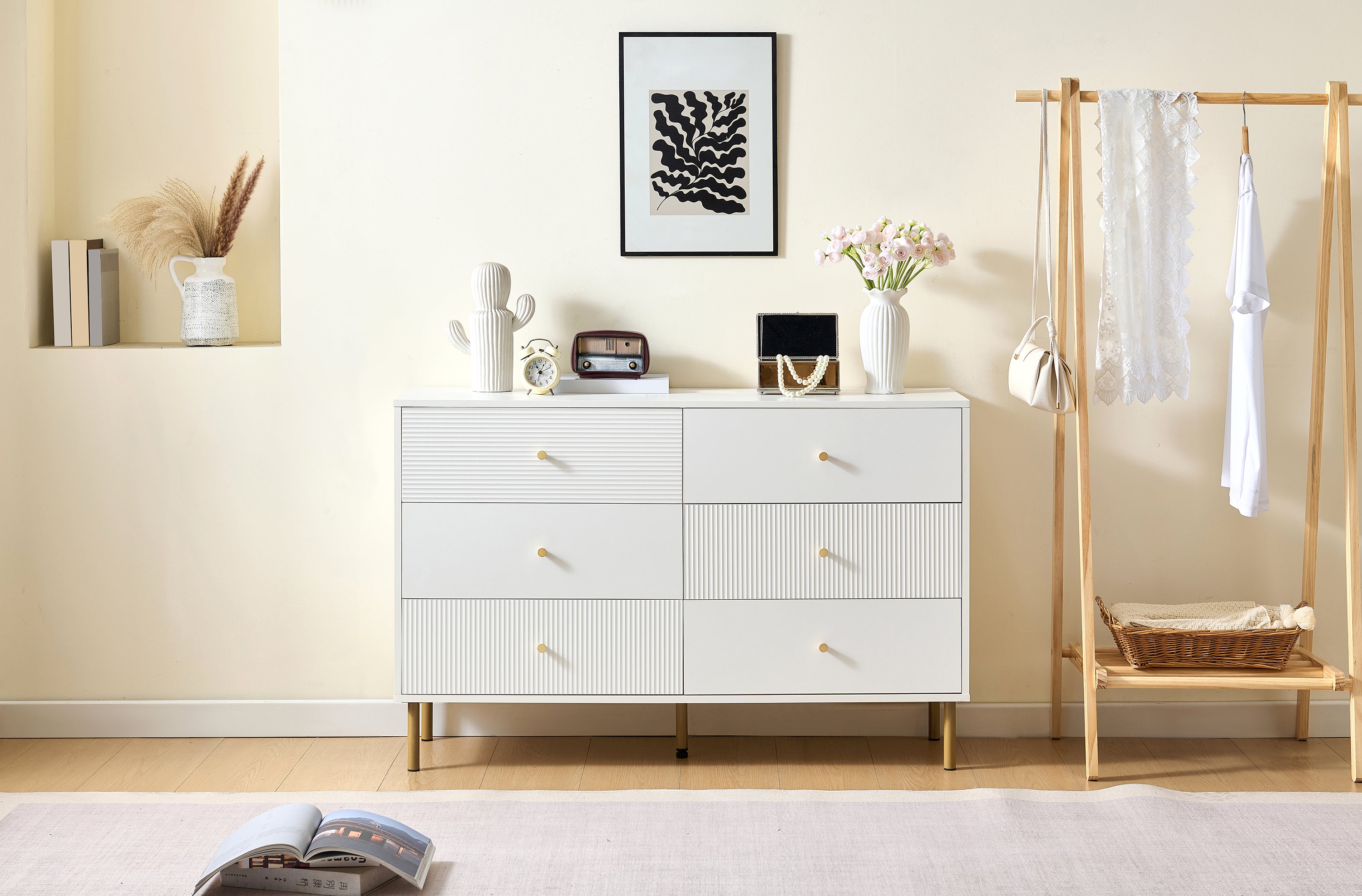 Chest of Drawers, 6-Drawer Storage with Steel Legs, White MDF