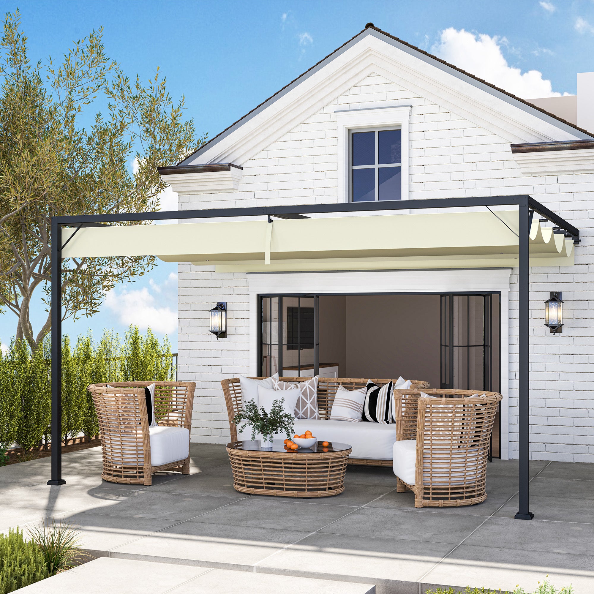 Pergola, 4 x 3 m Retractable Sliding Canopy, Cream