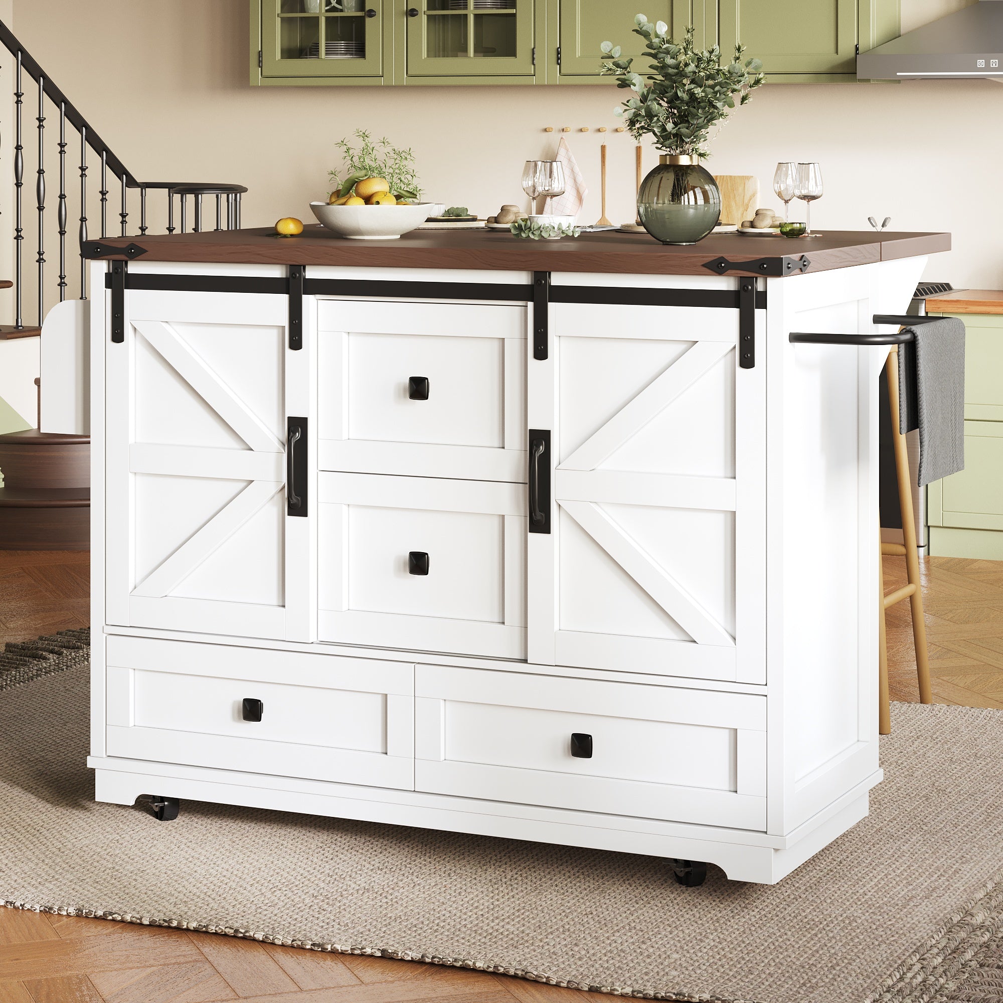 Kitchen Trolley Cart with Folding Table 3 Drawers & 2 Cabinet Doors