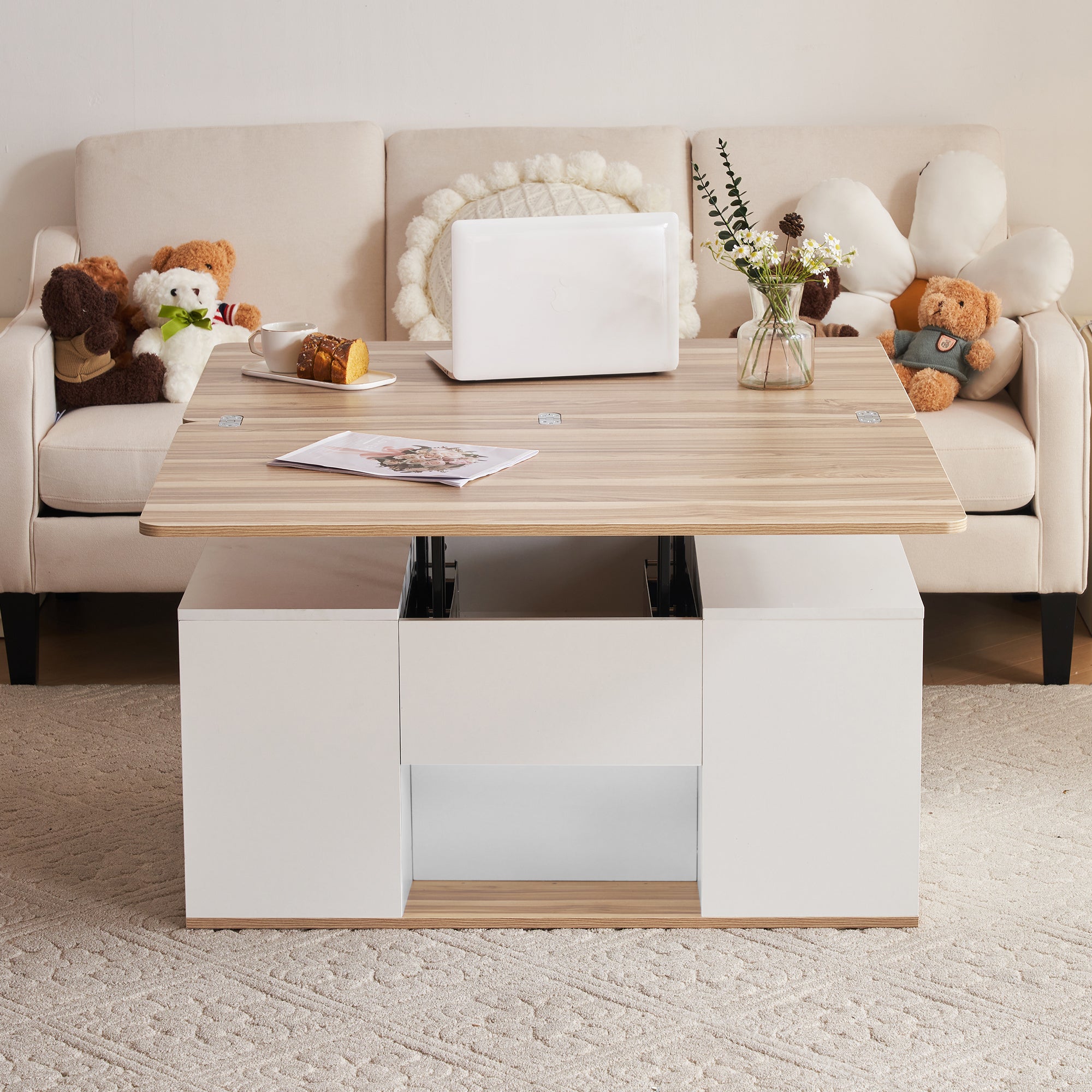 Liftable Coffee Table Opens to 2 Tables Storage - White/Wood