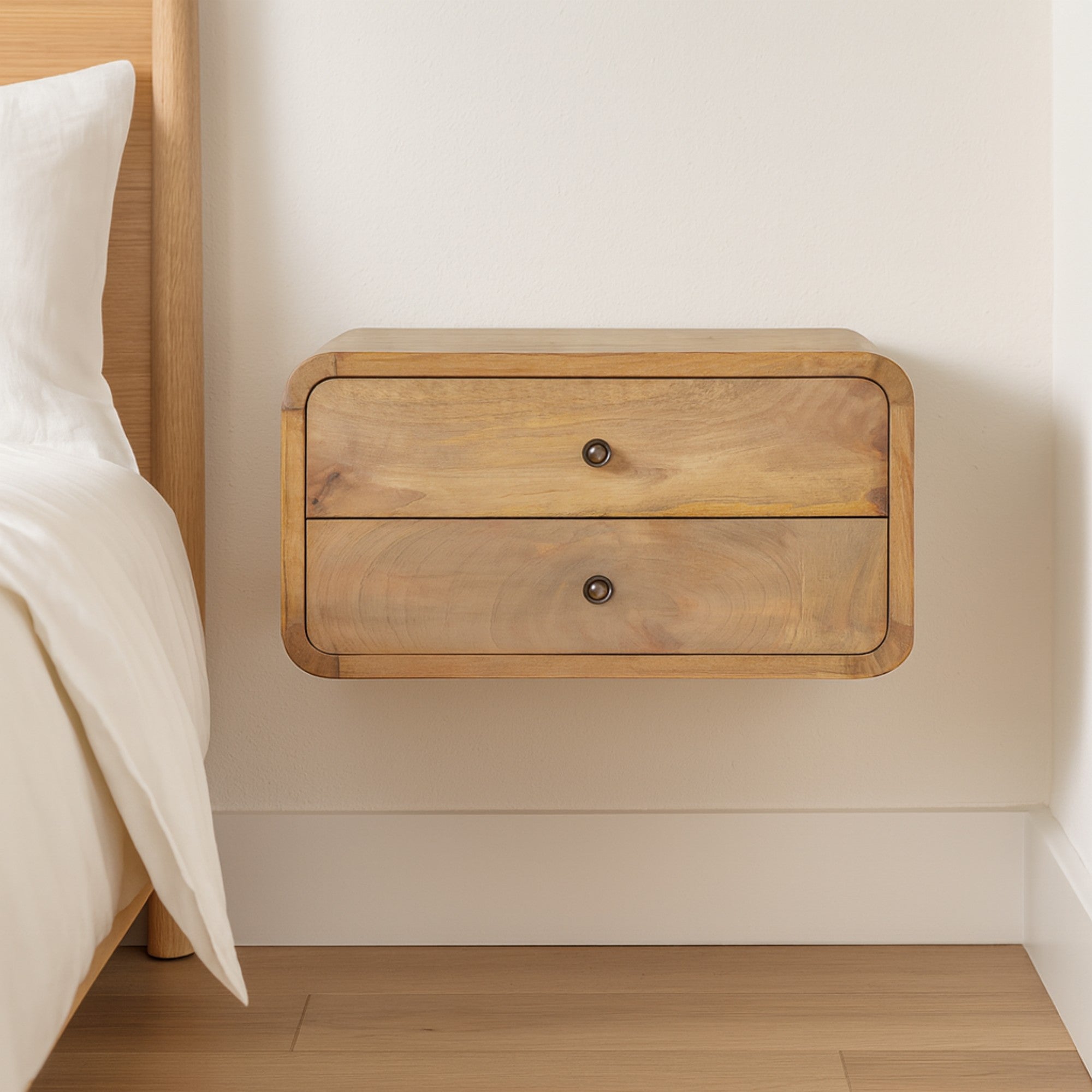 Solid Wood Floating Bedside 2 Drawer Brown