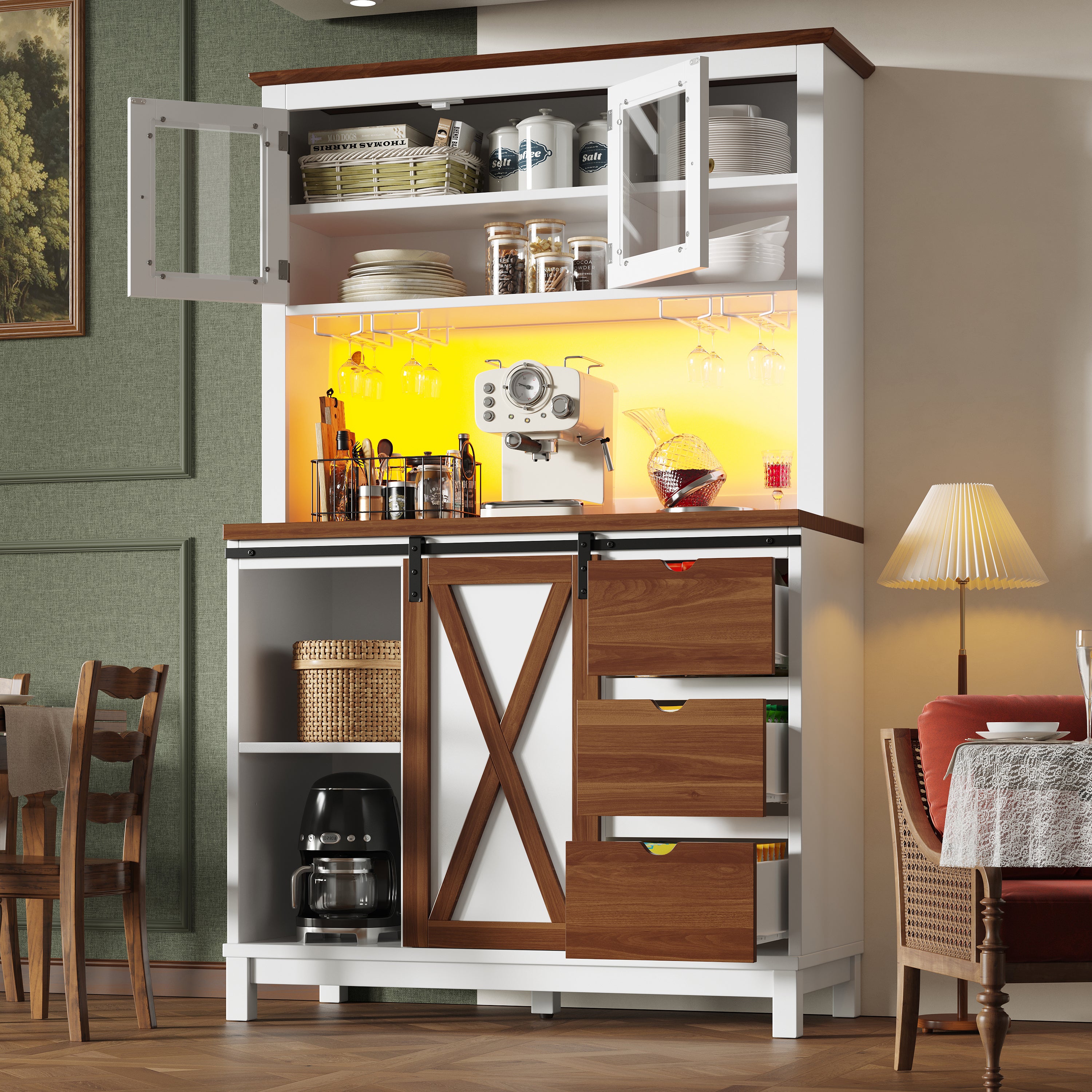 Modern Tall Cabinet with LED Lighting, App Control and Sliding Door, White