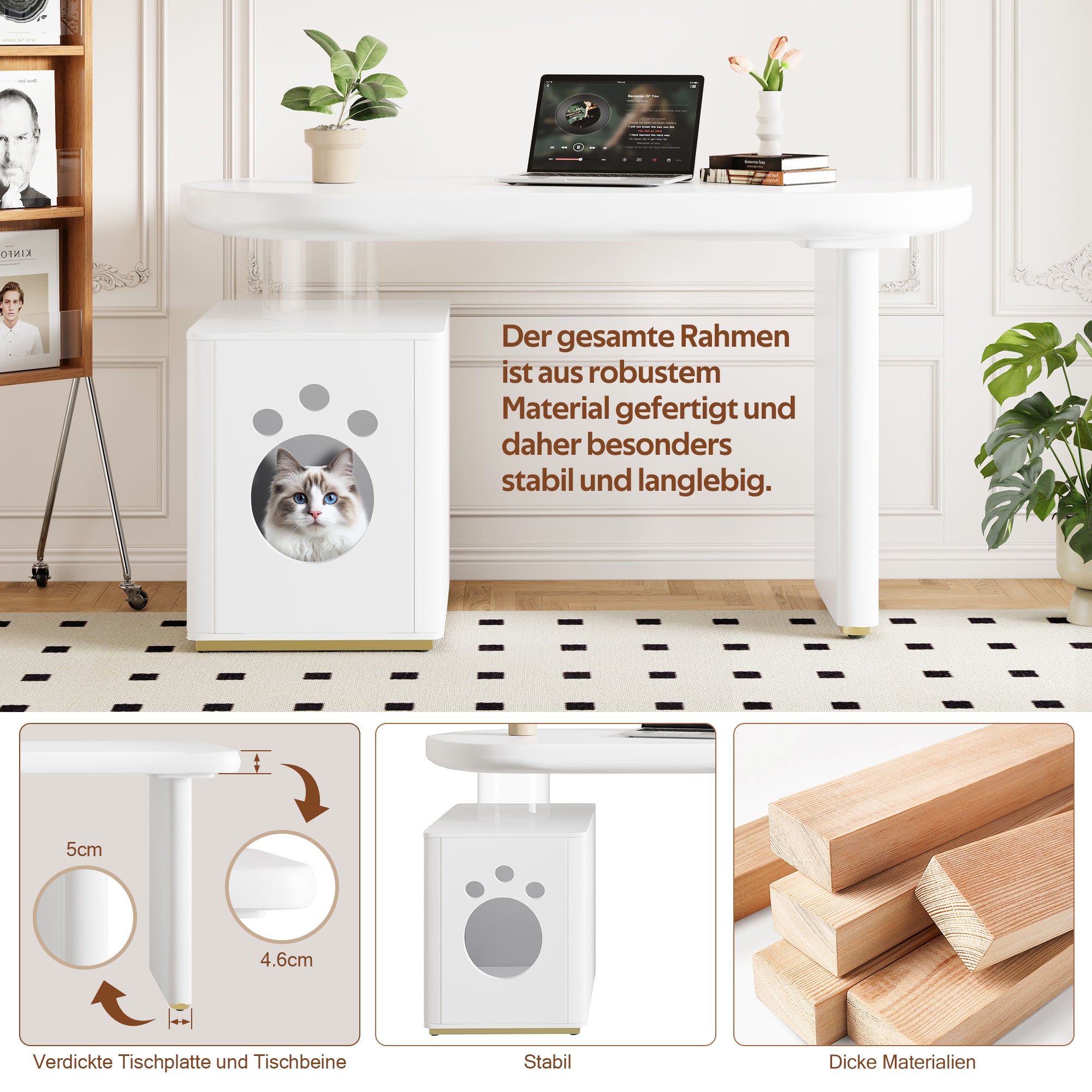 Desk with Pet Bed – 117x50x76 cm, Lacquered, Stable, White French Style