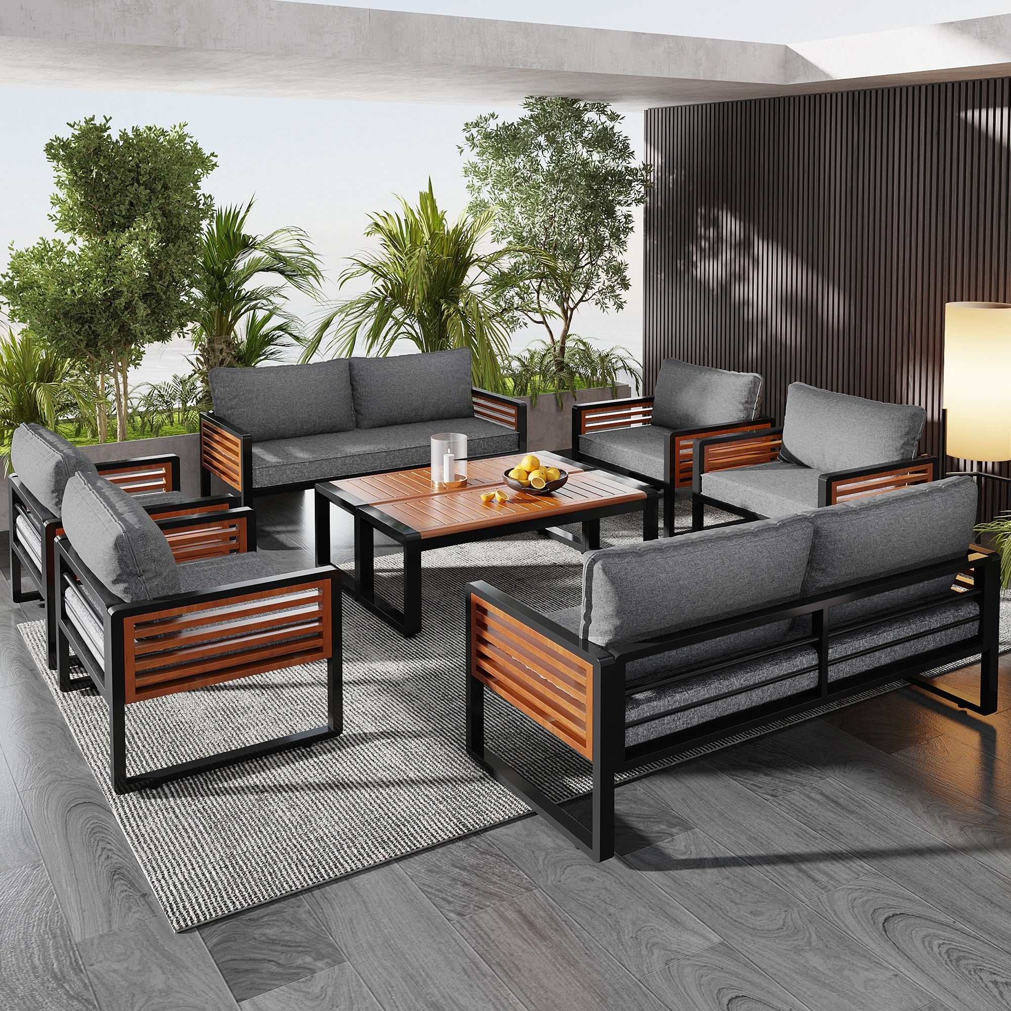 Garden Lounge Set 8-Piece Dining Set Galvanized Frame Wooden Armrests - Grey