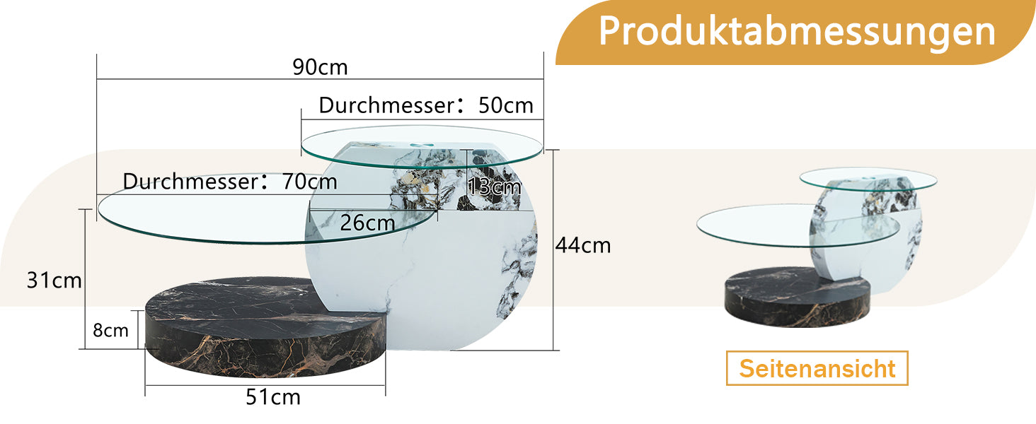 Coffee Table Modern Minimalist Two-Tiered Safety Glass Black and White Marble Effect