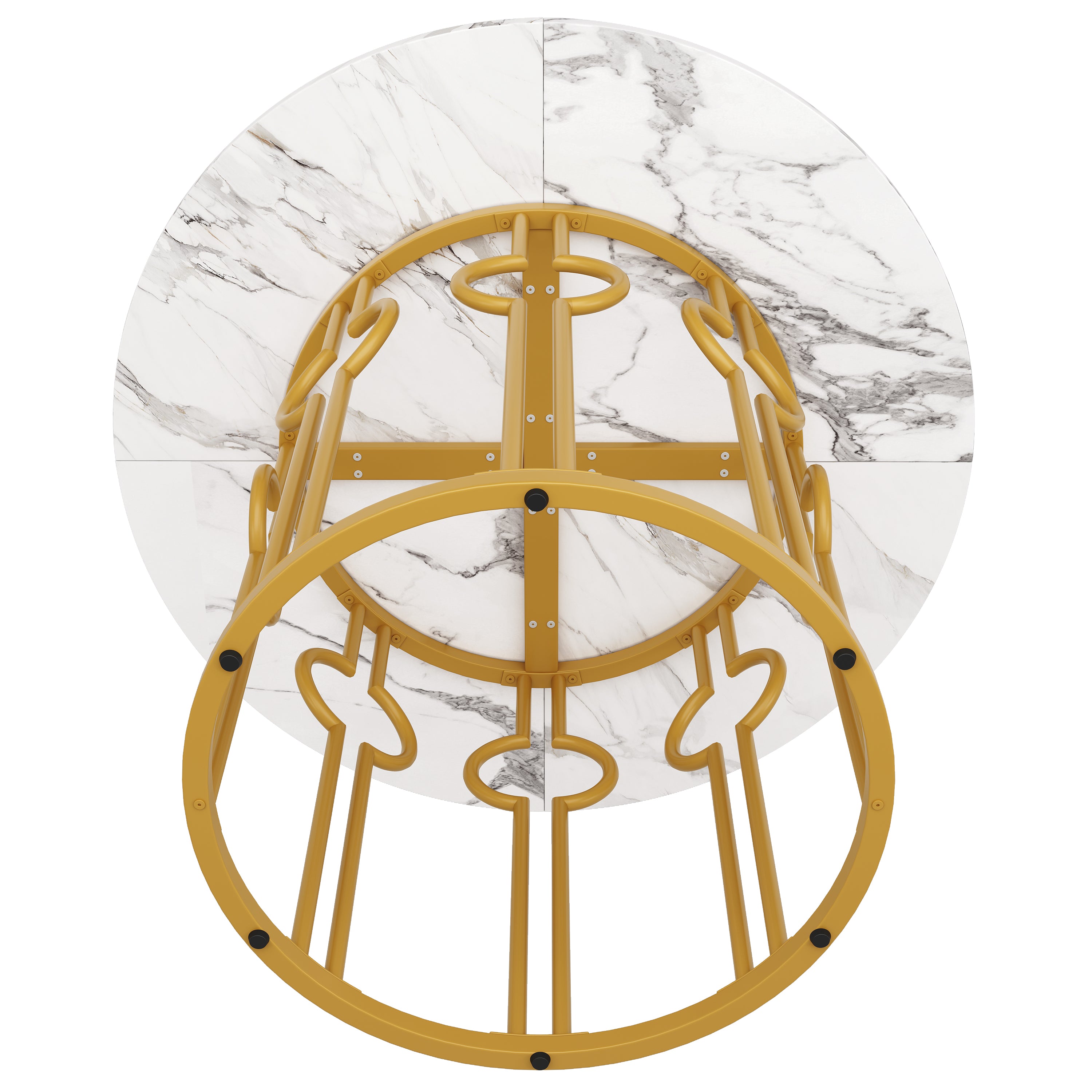 Round Dining Table, 100x100x76cm, Coffee Table for 4, MDF Marbled Top, Golden Metal Legs