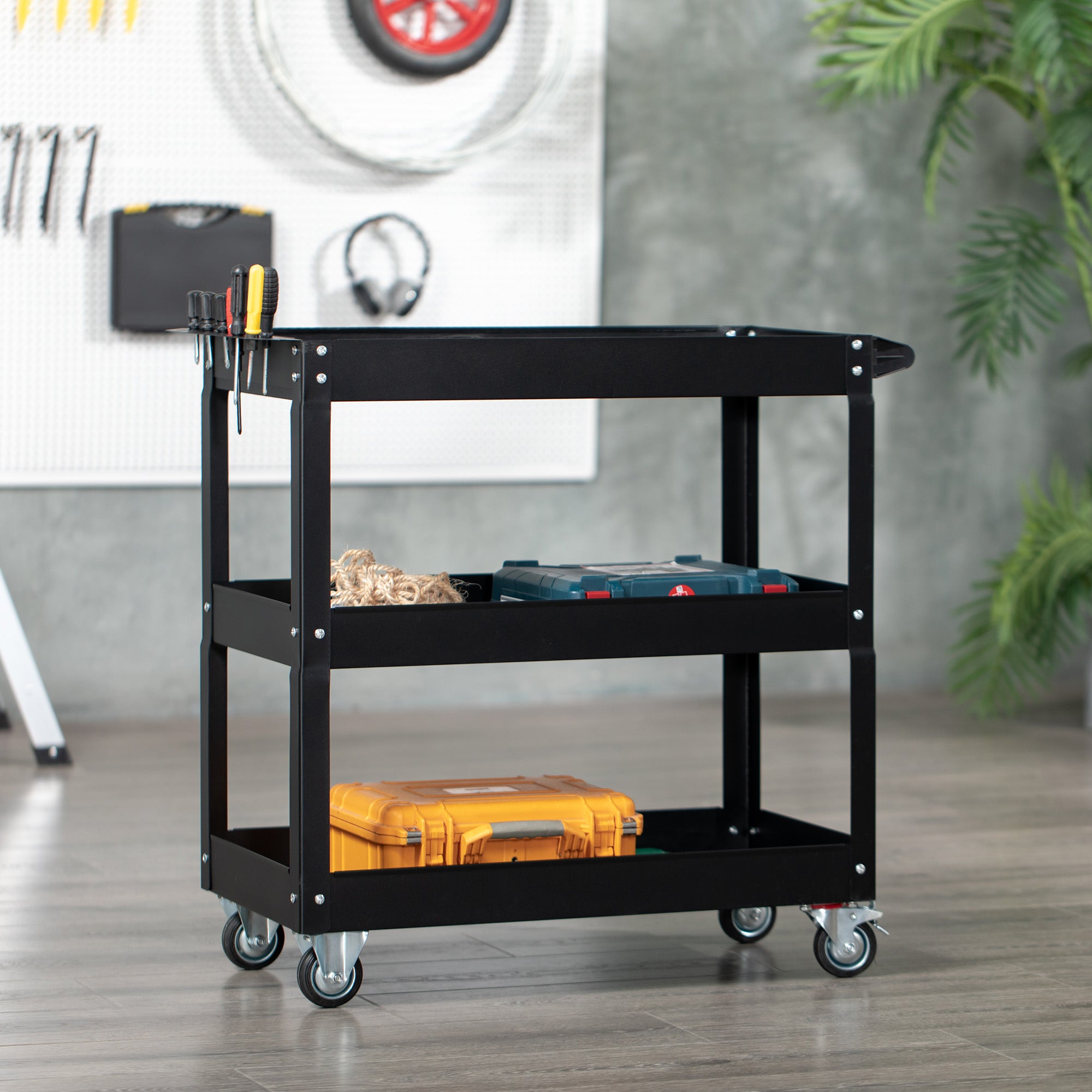 DURHAND Workshop Trolley, 3 Shelves, 150 kg, Black Steel