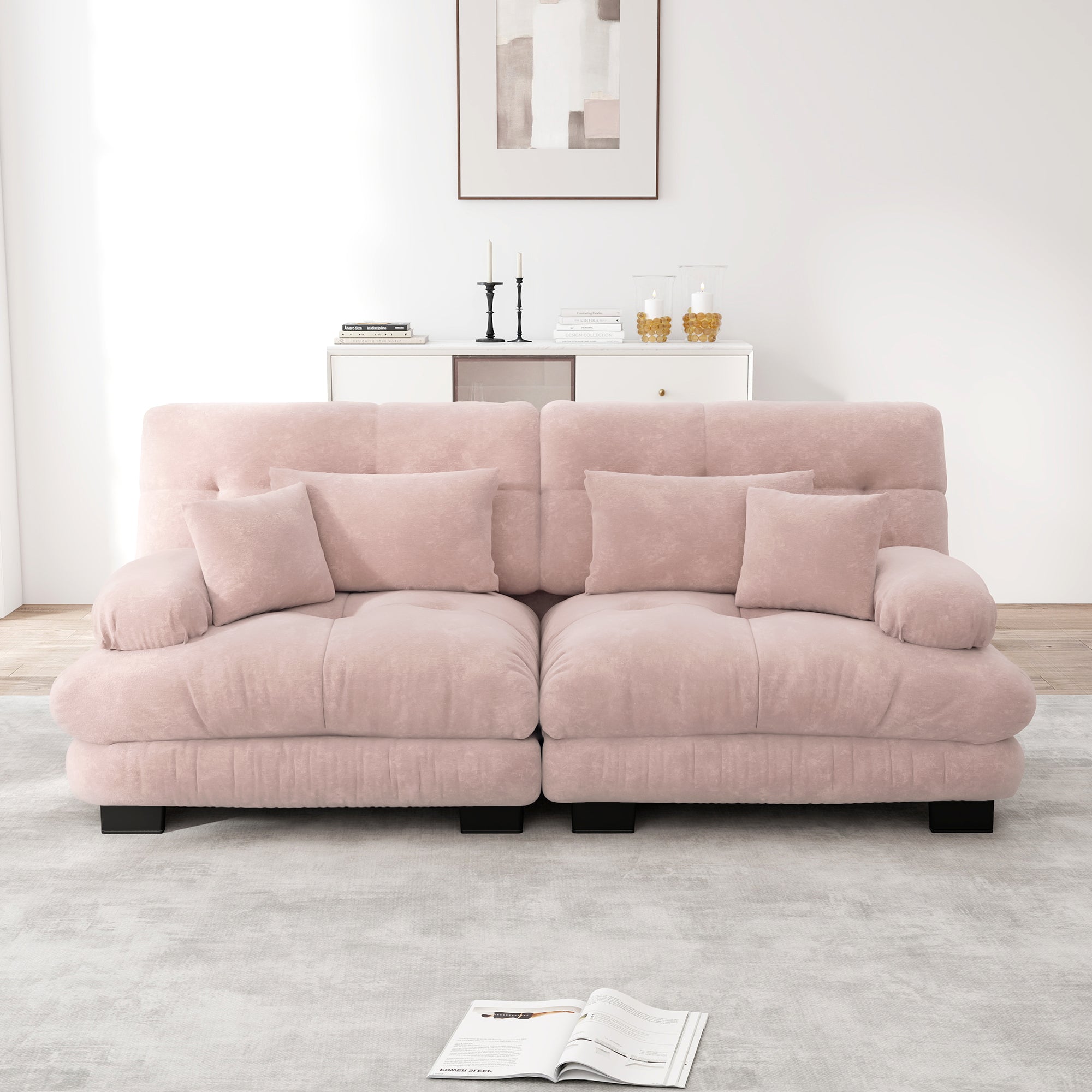 Cloud Corner Sofa, Double with Lumbar & Decorative Cushions, Chenille Pink