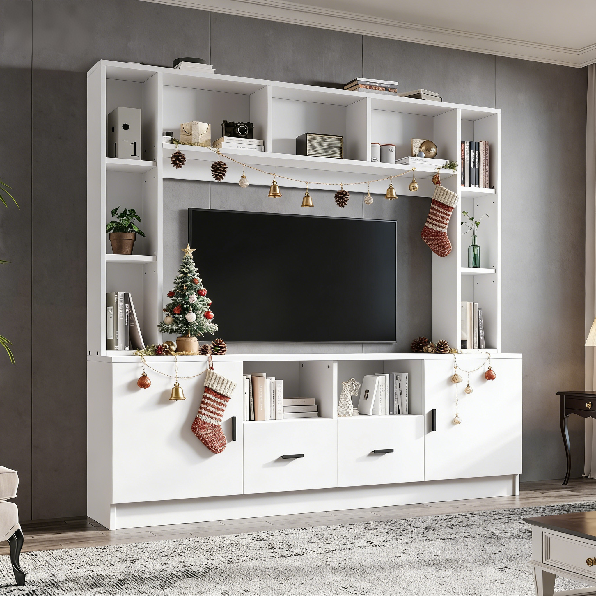 TV Wall Unit Set with Display Cabinet, Media Stand, Shelf, 2 Cabinets, 2 Drawers, for up to 60" TV, White
