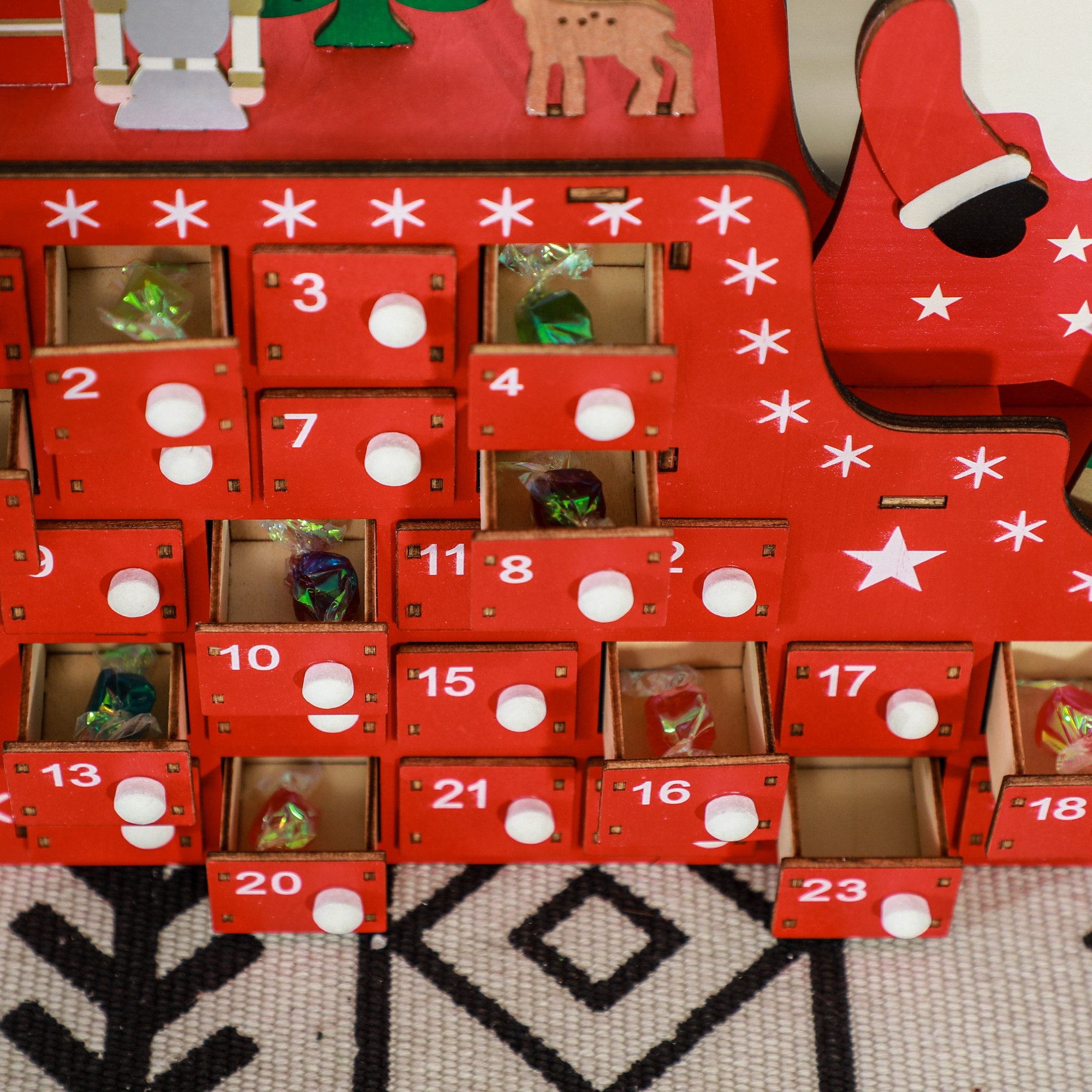 Advent Calendar, 24 Compartments Christmas Box, MDF Board Red