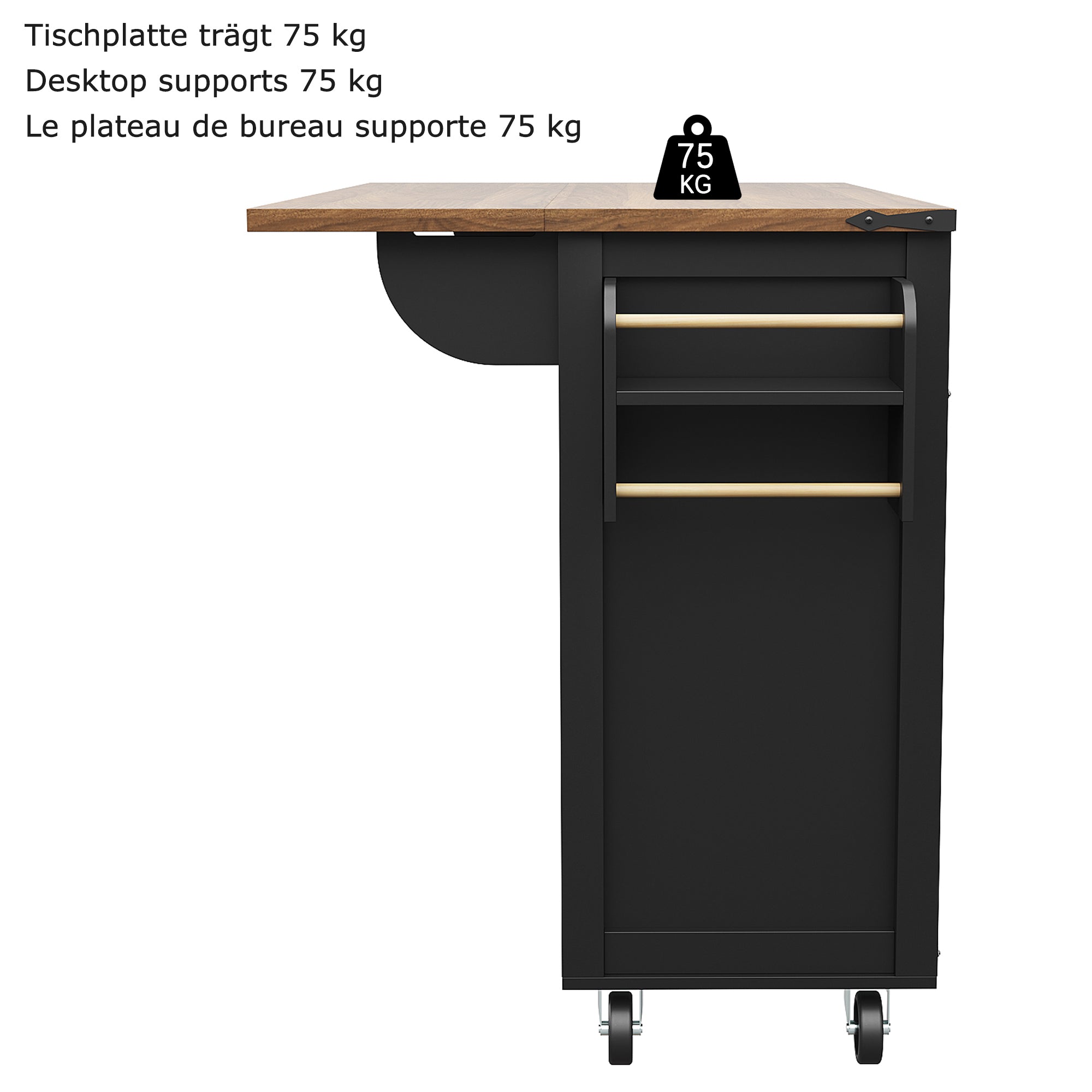 Kitchen Island Serving Trolley with Pull-out Worktop 4 Doors 2 Drawers Wood Grain Finish Black
