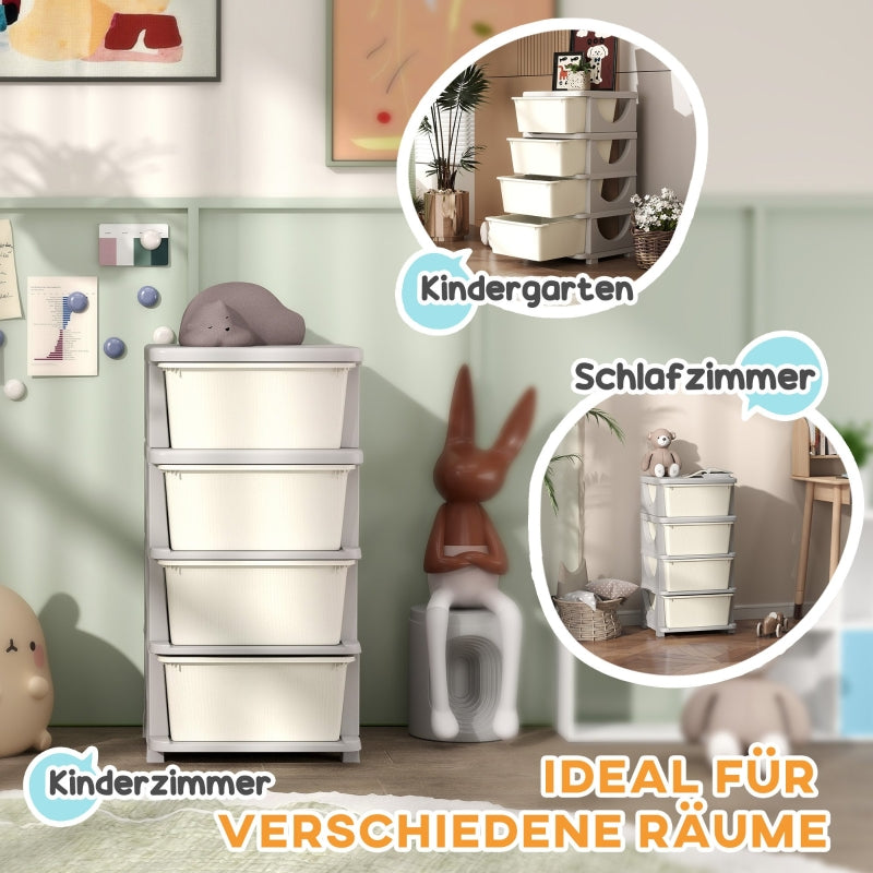 Storage Boxes 4 Large Drawers Rounded Edges 37x37x76cm - Plastic Cream White