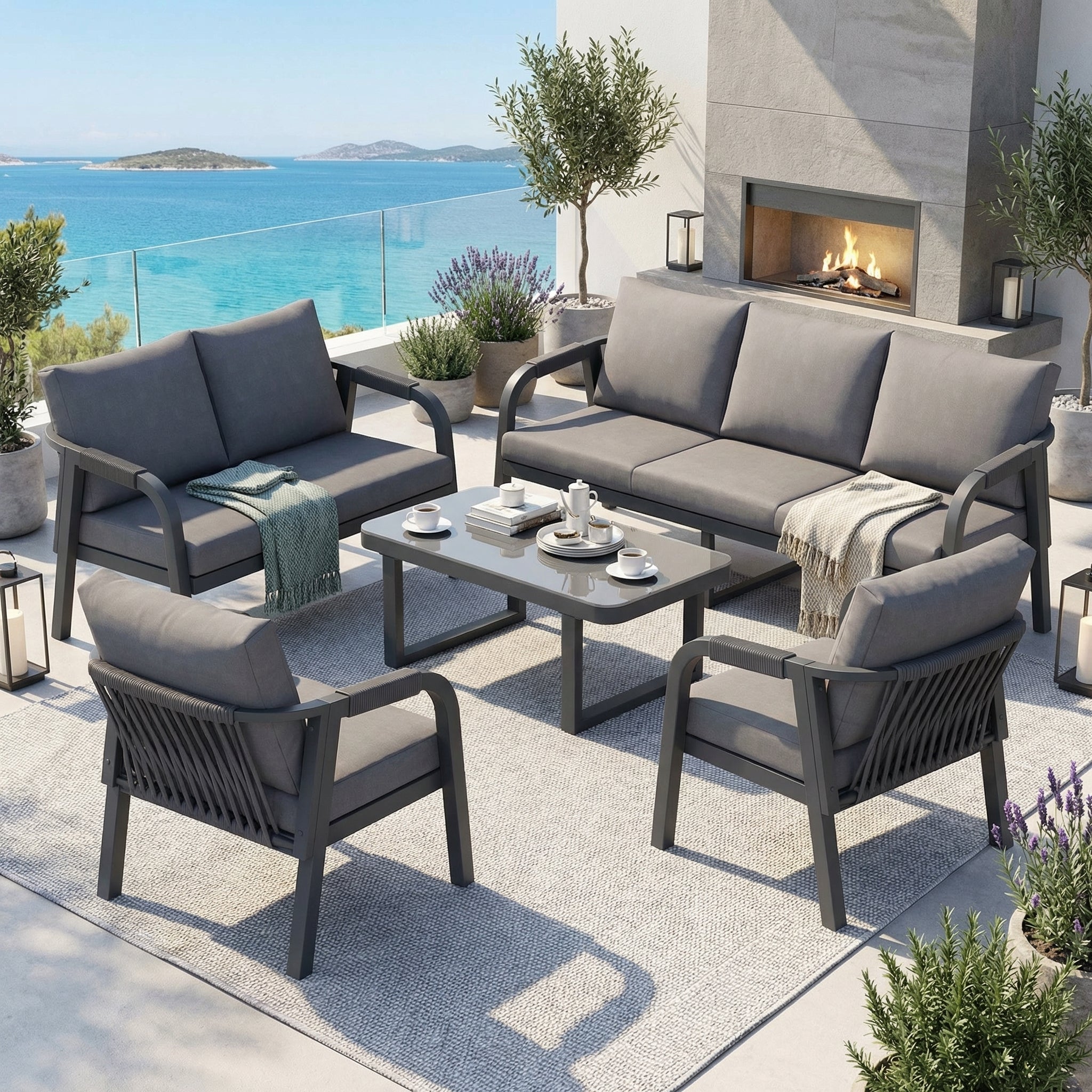 Garden Lounge Set, 7-Seater with Sofas, Armchairs and Coffee Table, Woven Rope and Galvanized Iron, Grey