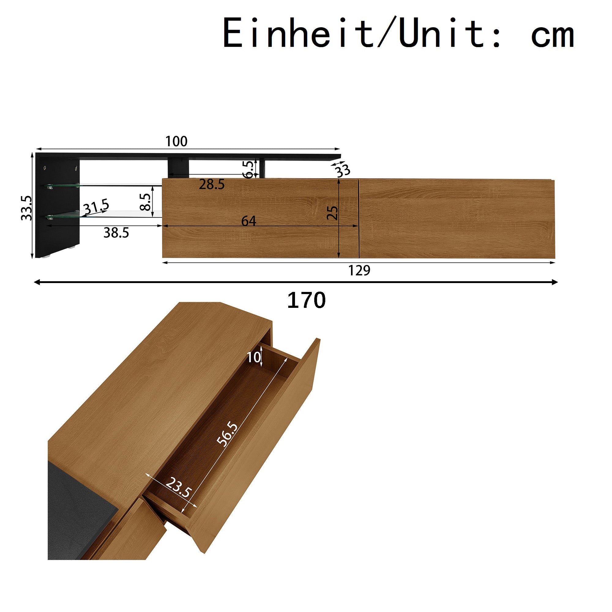 Modern TV Cabinet: Stylish, Elegant, Practical Storage with Glass Shelves, LED Lighting - Black and Wood Look