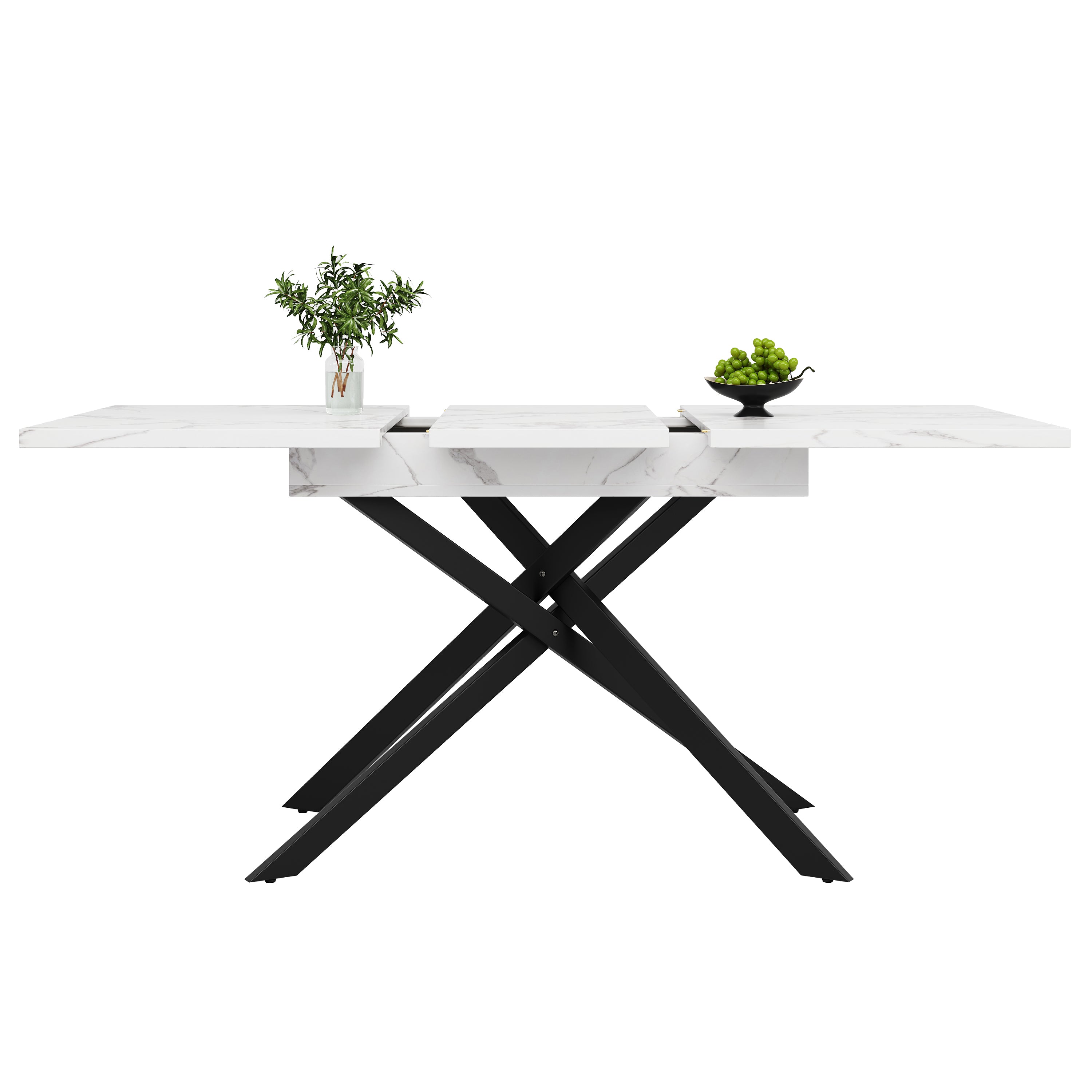 Telescopic Dining Table 120-160cm Extendable Space-Saving with Black Crossed Iron Legs, White Marble