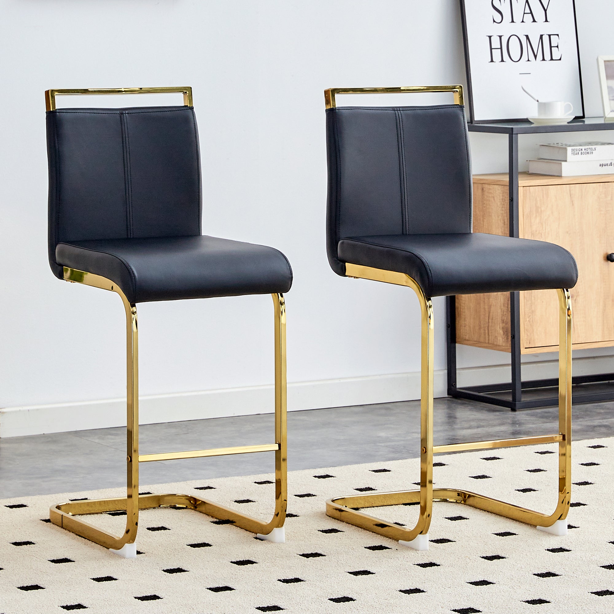 Nordic Bar Stools, Set of 2, Faux Leather & Gold Metal Legs