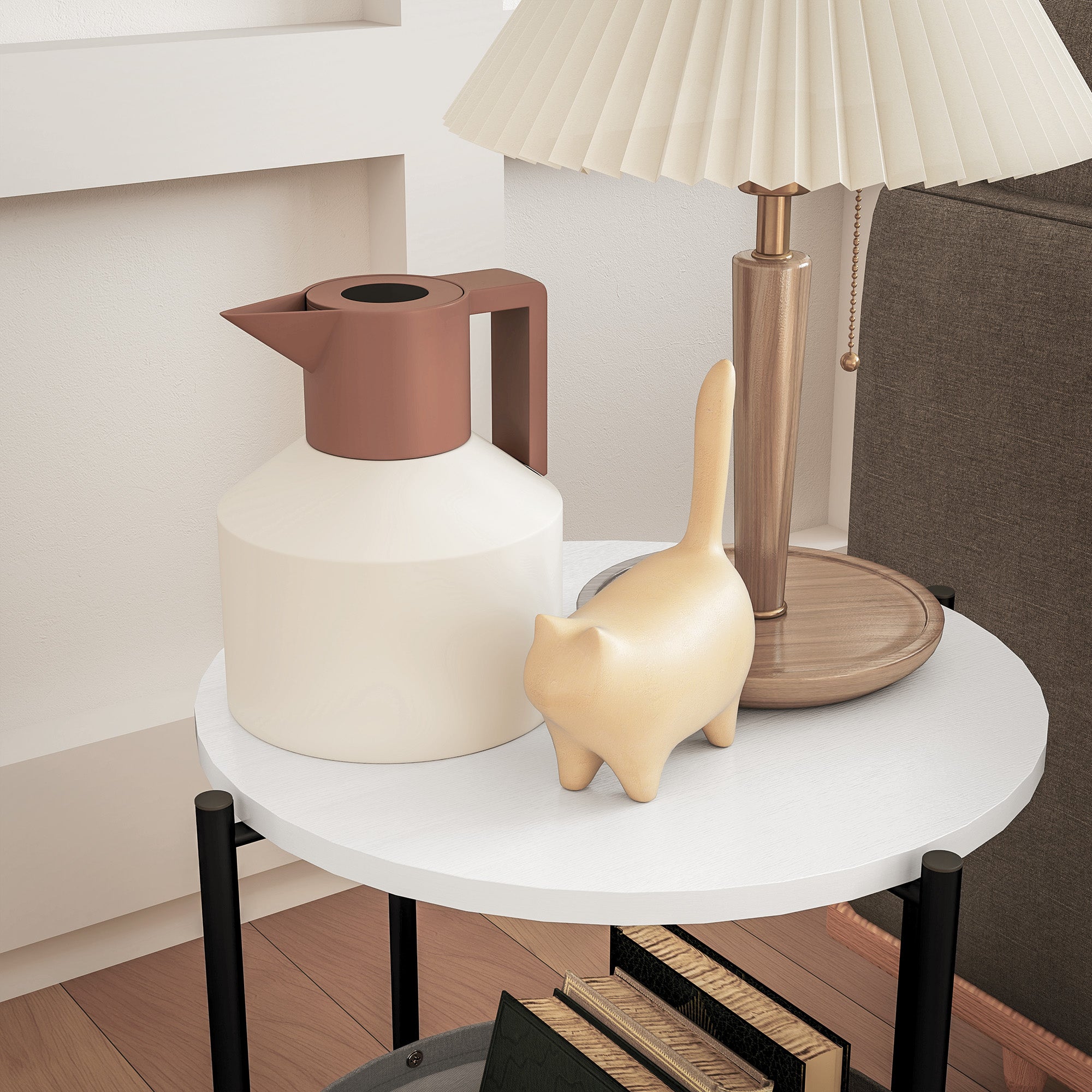 Side Table, Round Coffee Table with Storage, Steel, Grey+White