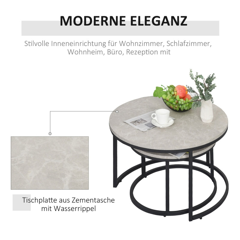 Coffee Table Set, 2 Round Nesting Tables Industrial Design, Concrete Look/Black