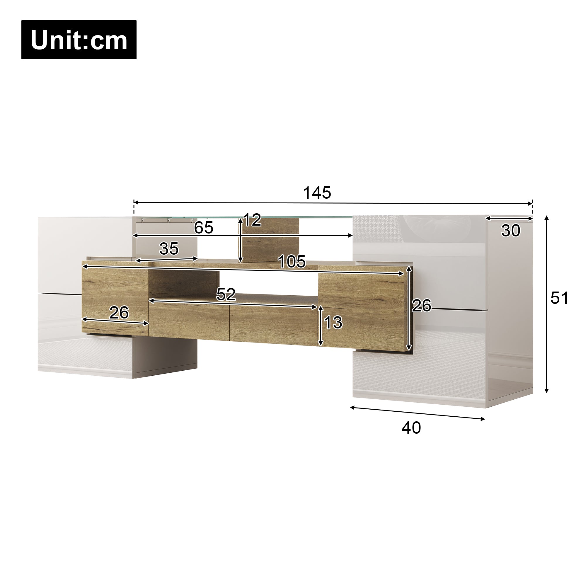 TV Cabinet, 145 cm LED Lighting, High-Gloss White Glass