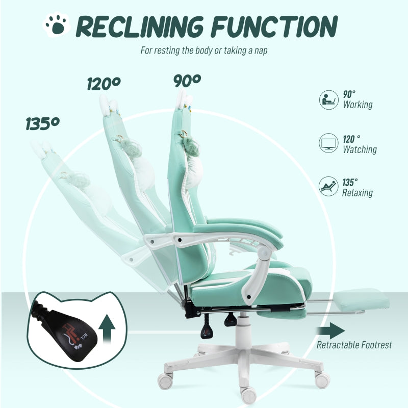 Cat Ear and Paw Office Chair Reclining with Footrest, Light Blue/White