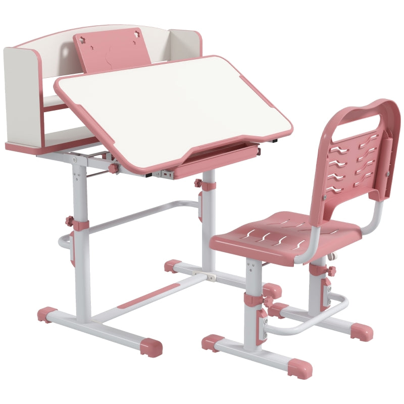Kids Study Table and Chair Set, Height Adjustable with Drawer Storage Shelf, Pink