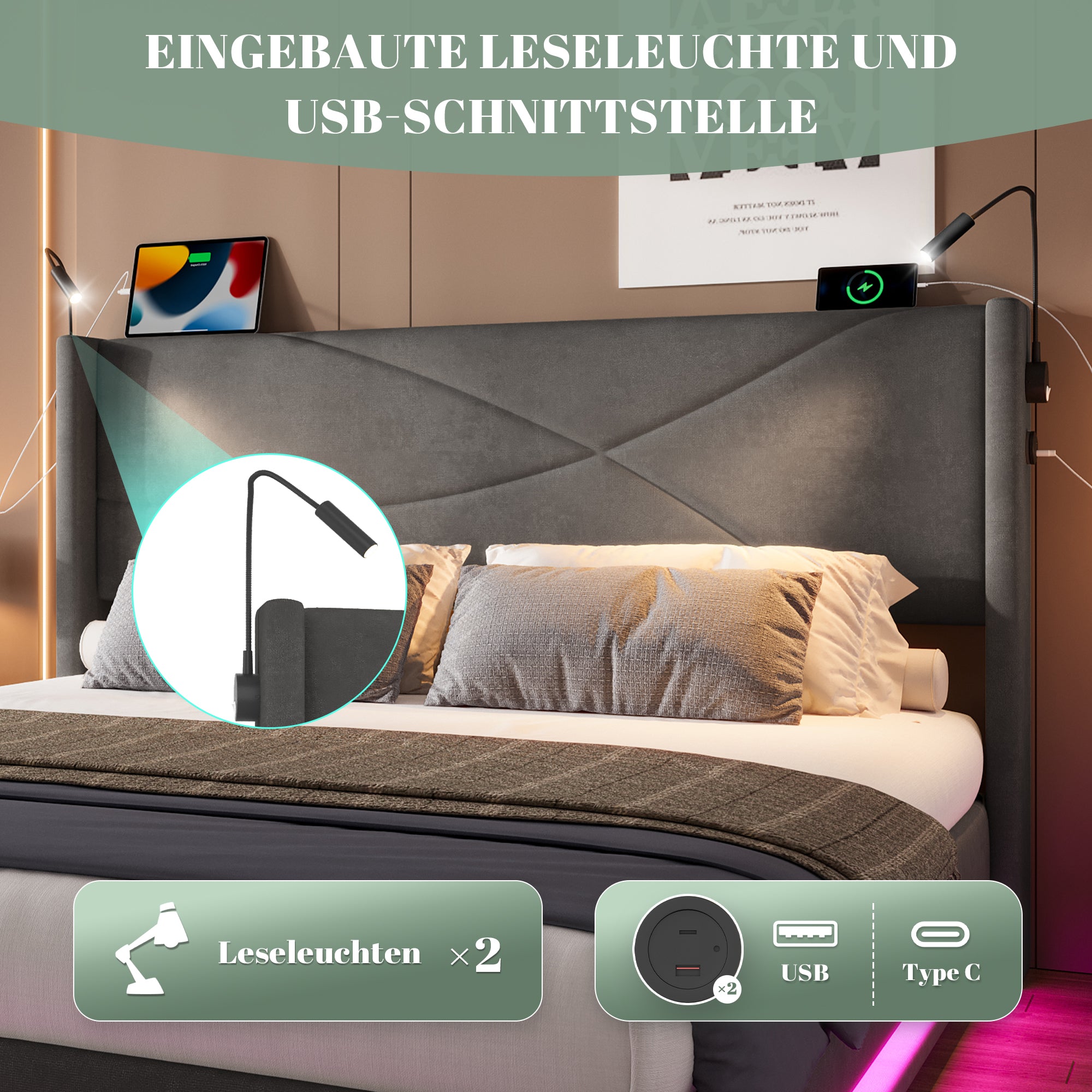 Bed Frame, Modern Design 160x200cm, Hydraulic Storage, LED Lights, USB Ports