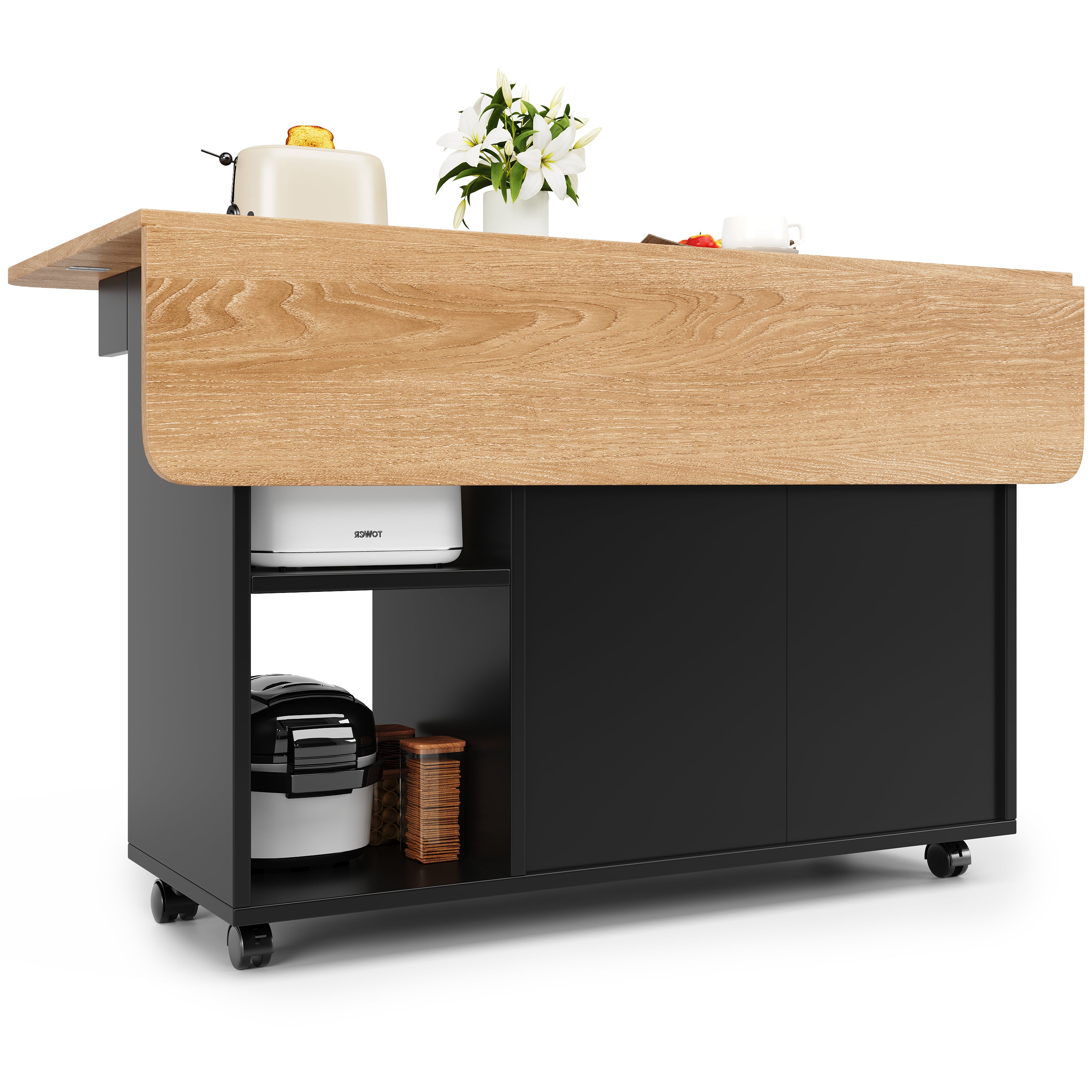 Kitchen Island Dining Cart - Multifunctional Table, Removable Trolley, Storage - Wood Grain Black