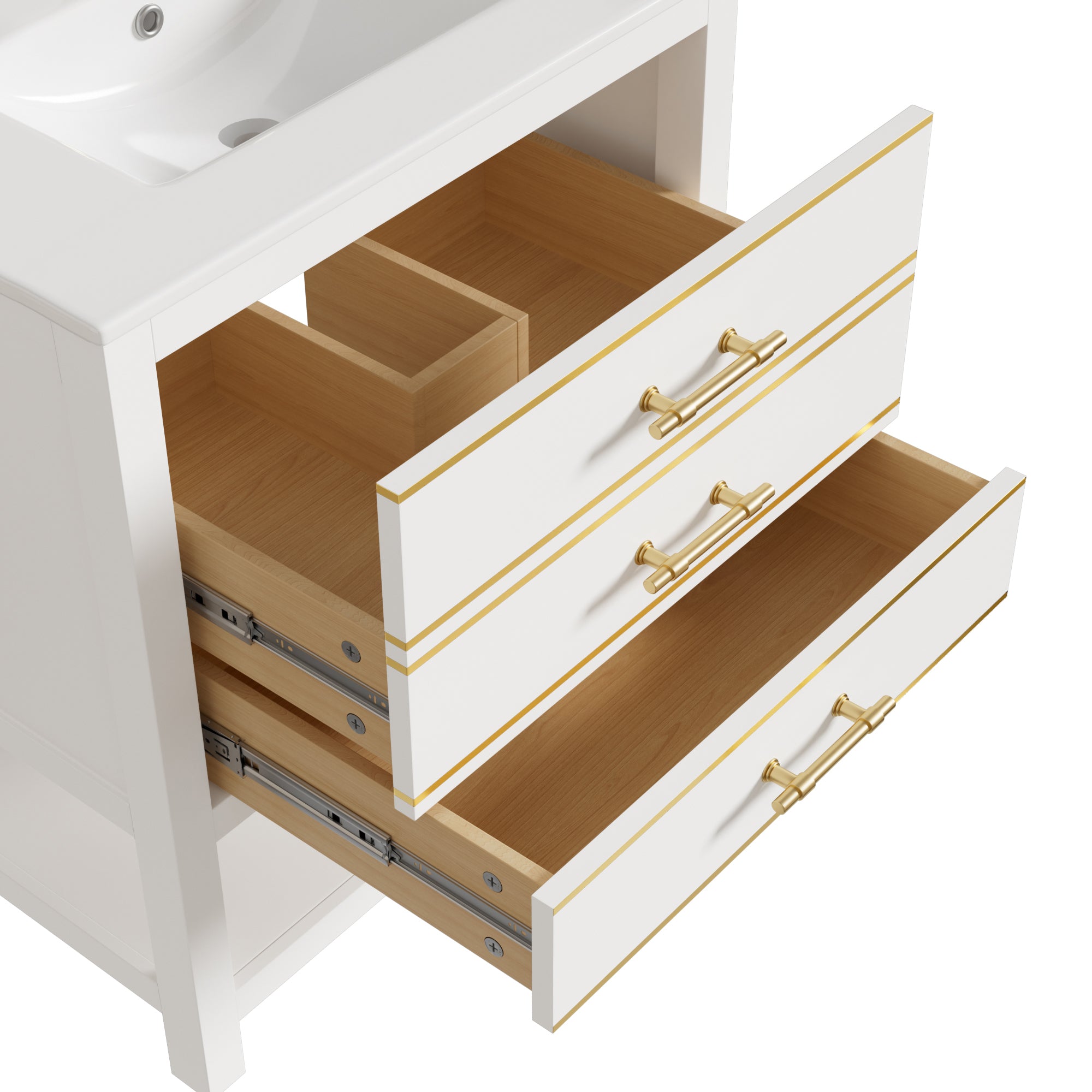 Bathroom Vanity Unit with Ceramic Basin and 2 Drawers, White and Gold