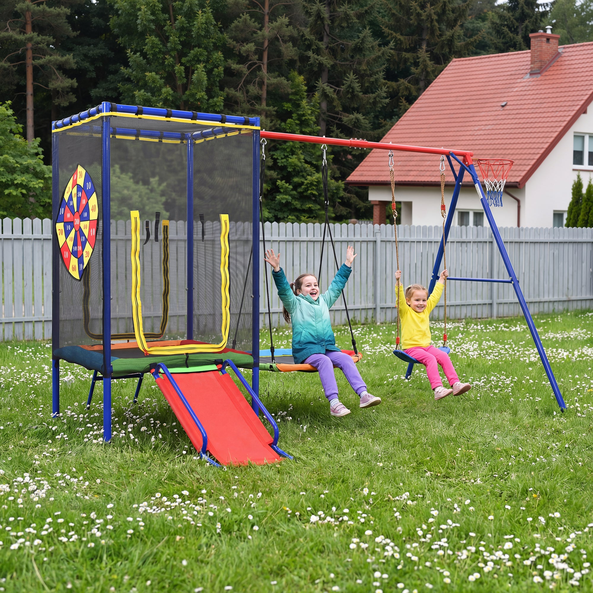 Multifunctional Outdoor Swing Set with Trampoline, Slide, Basketball Hoop and Nest Swing, Stable Steel Construction