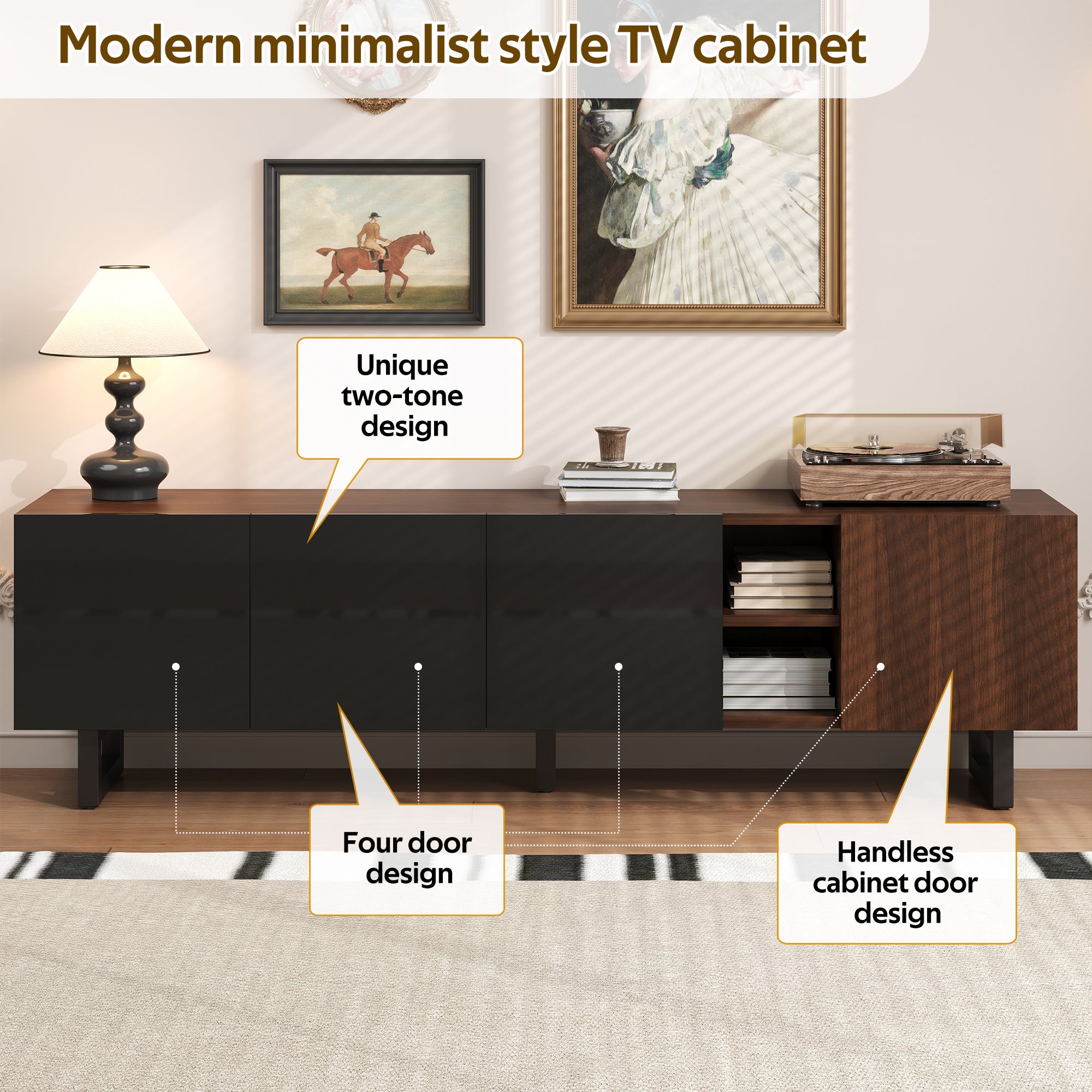 TV Cabinet with Four Doors, Low Stand, Vintage Wood Grain