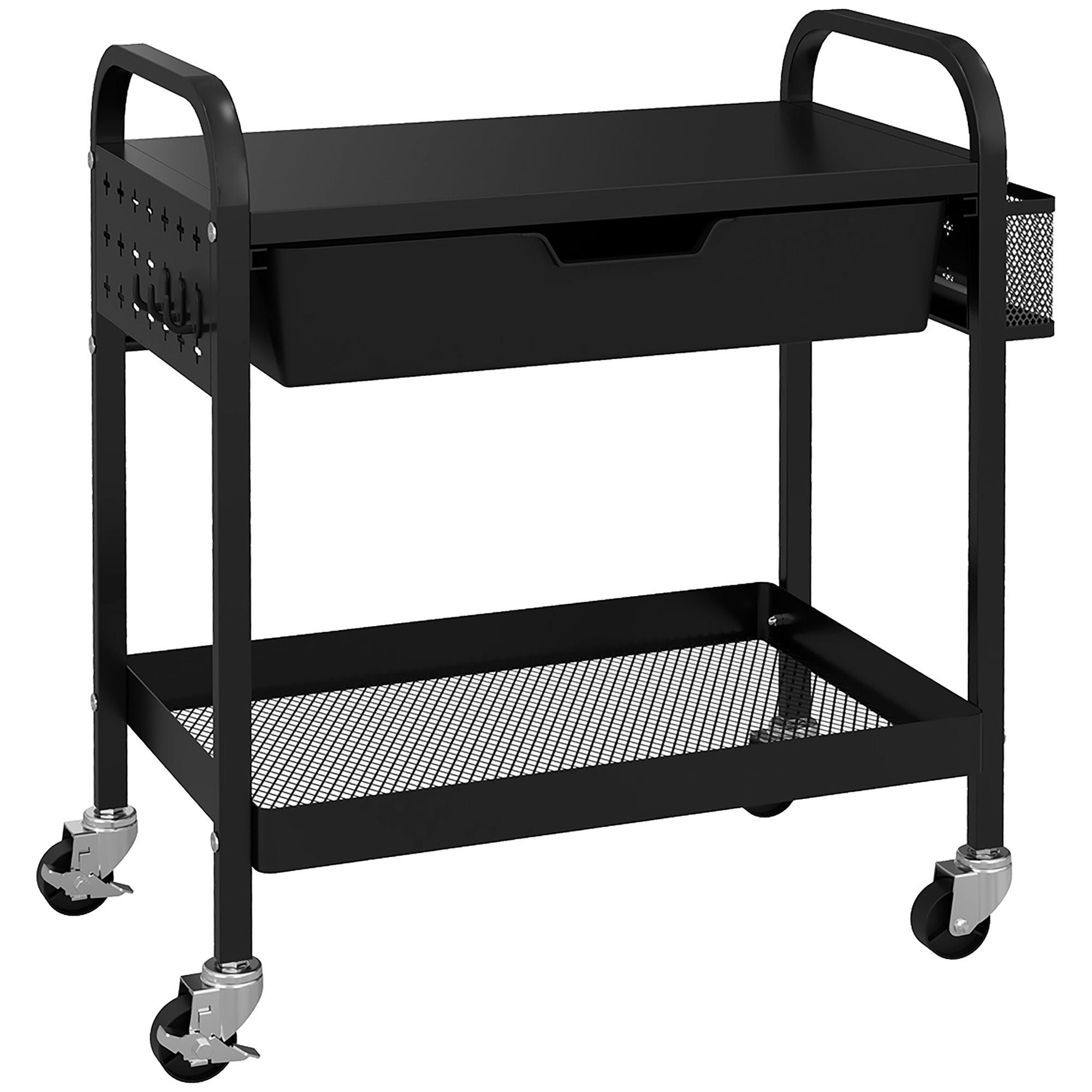 Rolling/Serving/Storage Trolley, 1 Drawer 1 Shelf with Hooks, Steel Black