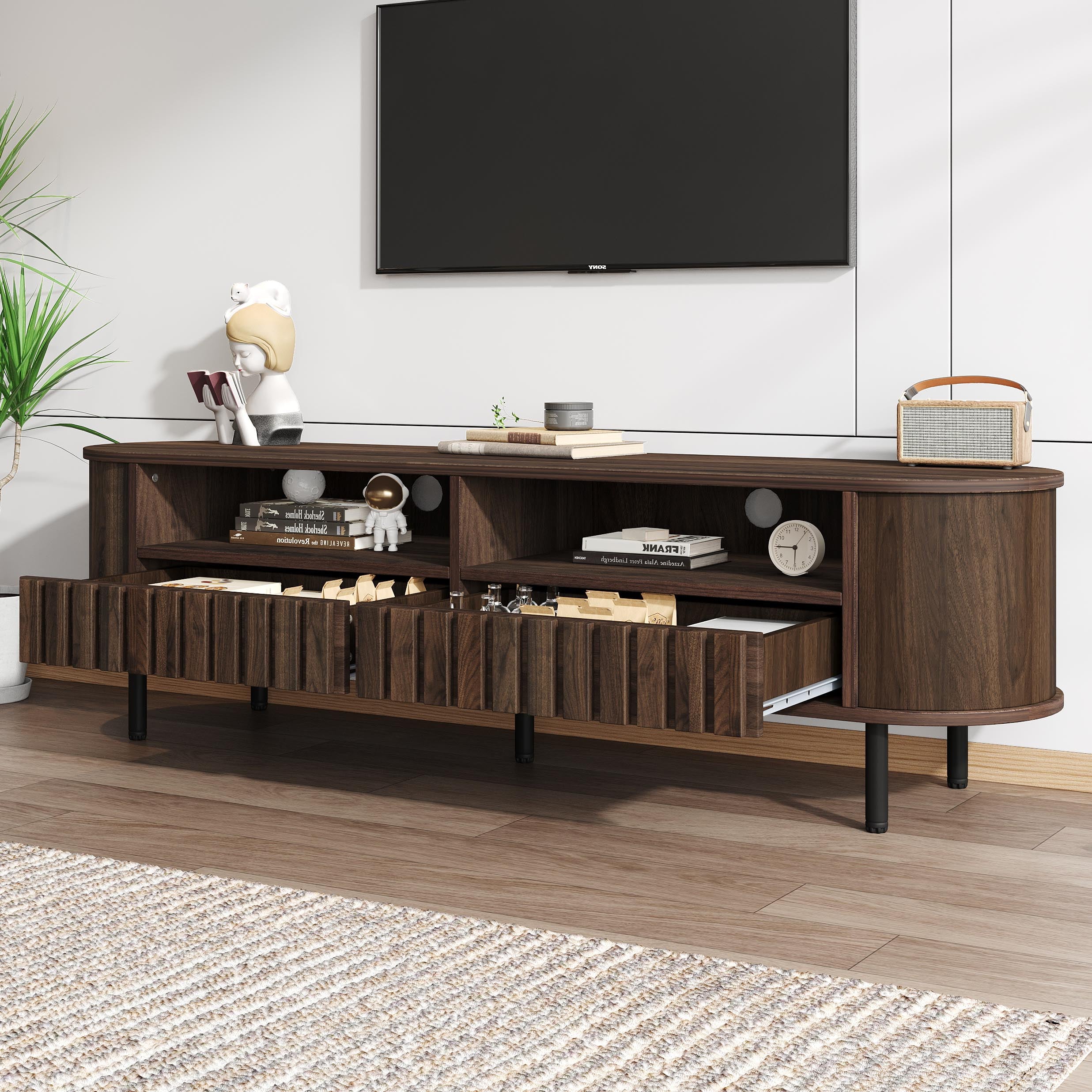 TV Cabinet Lowboard with 2 Cabinets & 2 Drawers, for up to 65" TV, Walnut-colored MDF