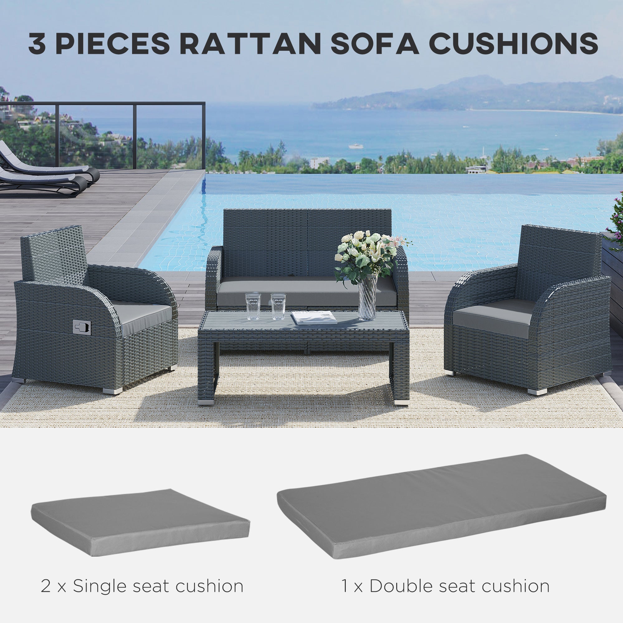Outdoor Seat Cushion Pads, 3 PC Set for Rattan Furniture, Dark Grey