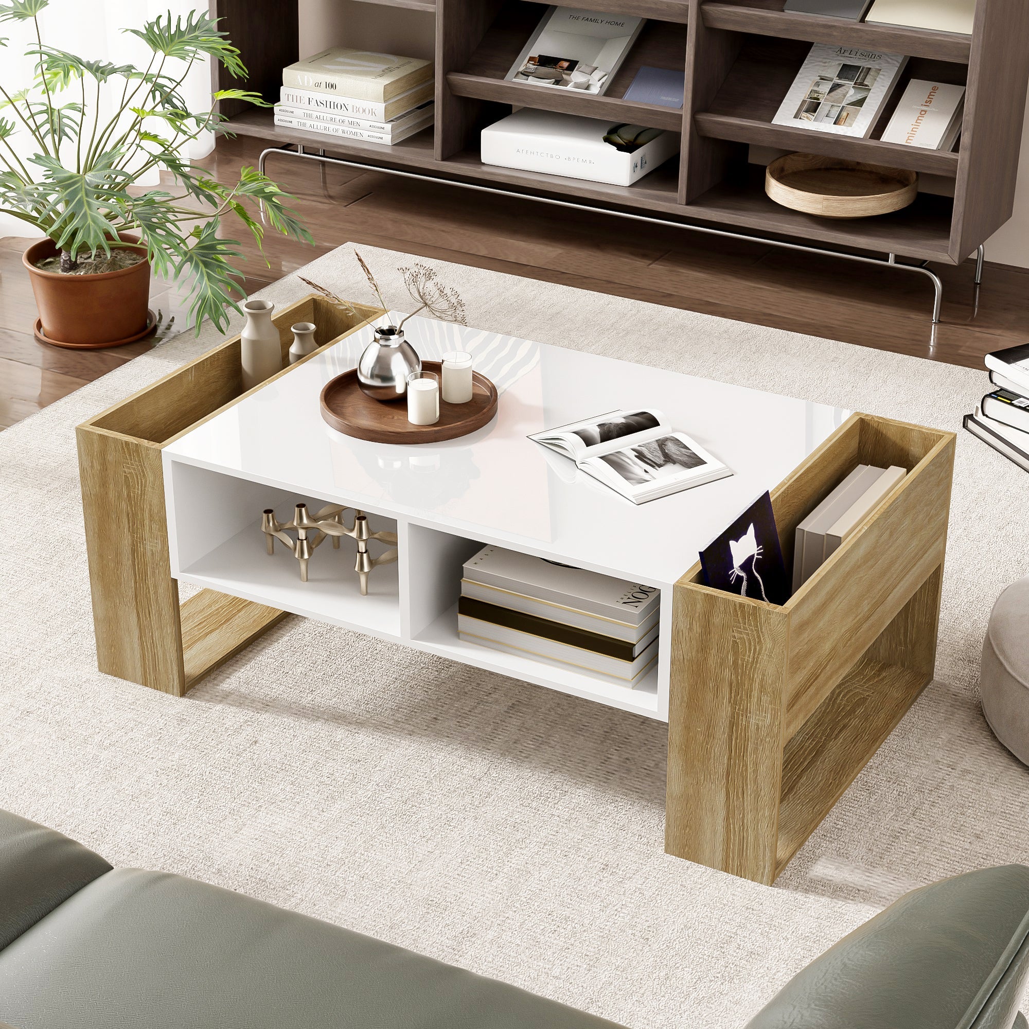 Modern coffee table 105 x 60 x 40 cm with drawers and open compartments, high gloss