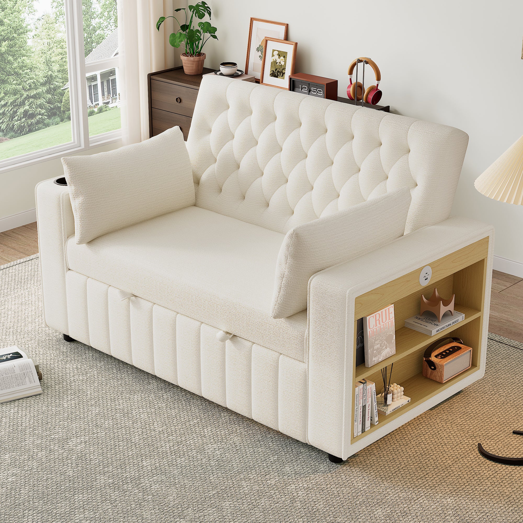 Sofa Bed, Modern Folding with Storage, Cup Holder, USB, Beige