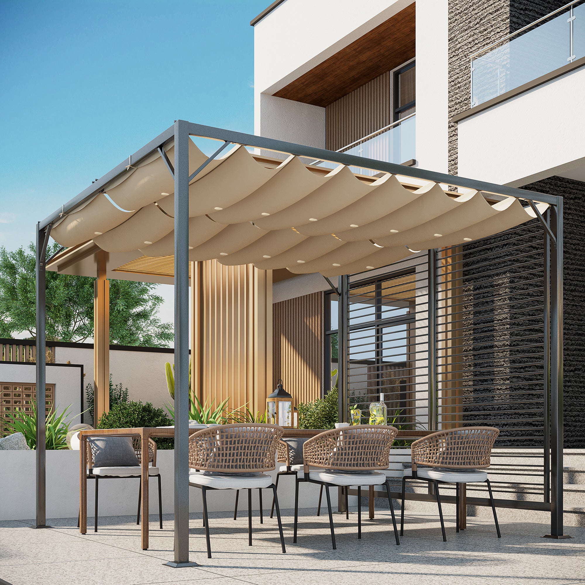 Metal Pergola 3 x 2.8m, Retractable Fabric Roof - Beige