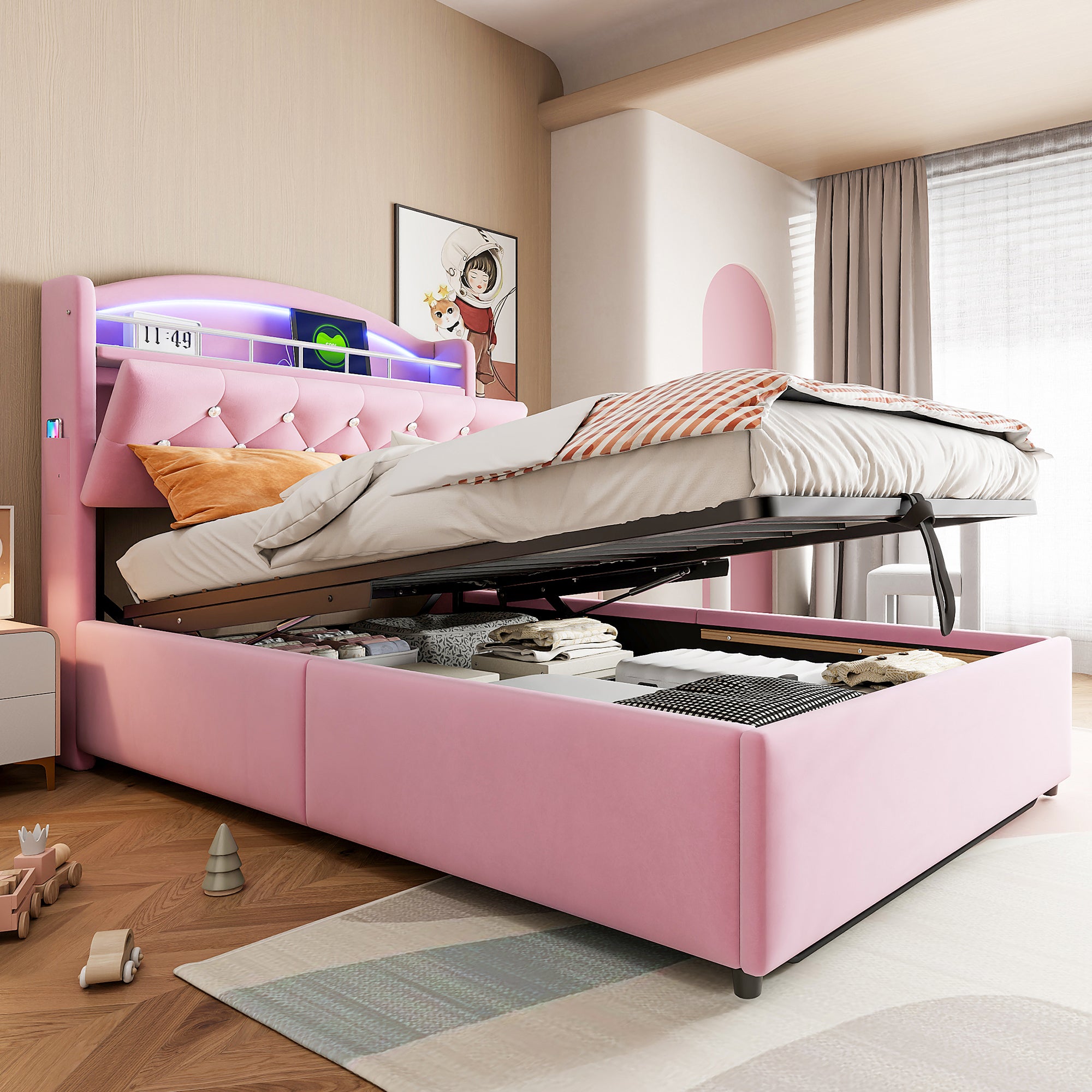 Children's Upholstered Bed, Multifunctional with Storage, LED, USB, Velvet Pink